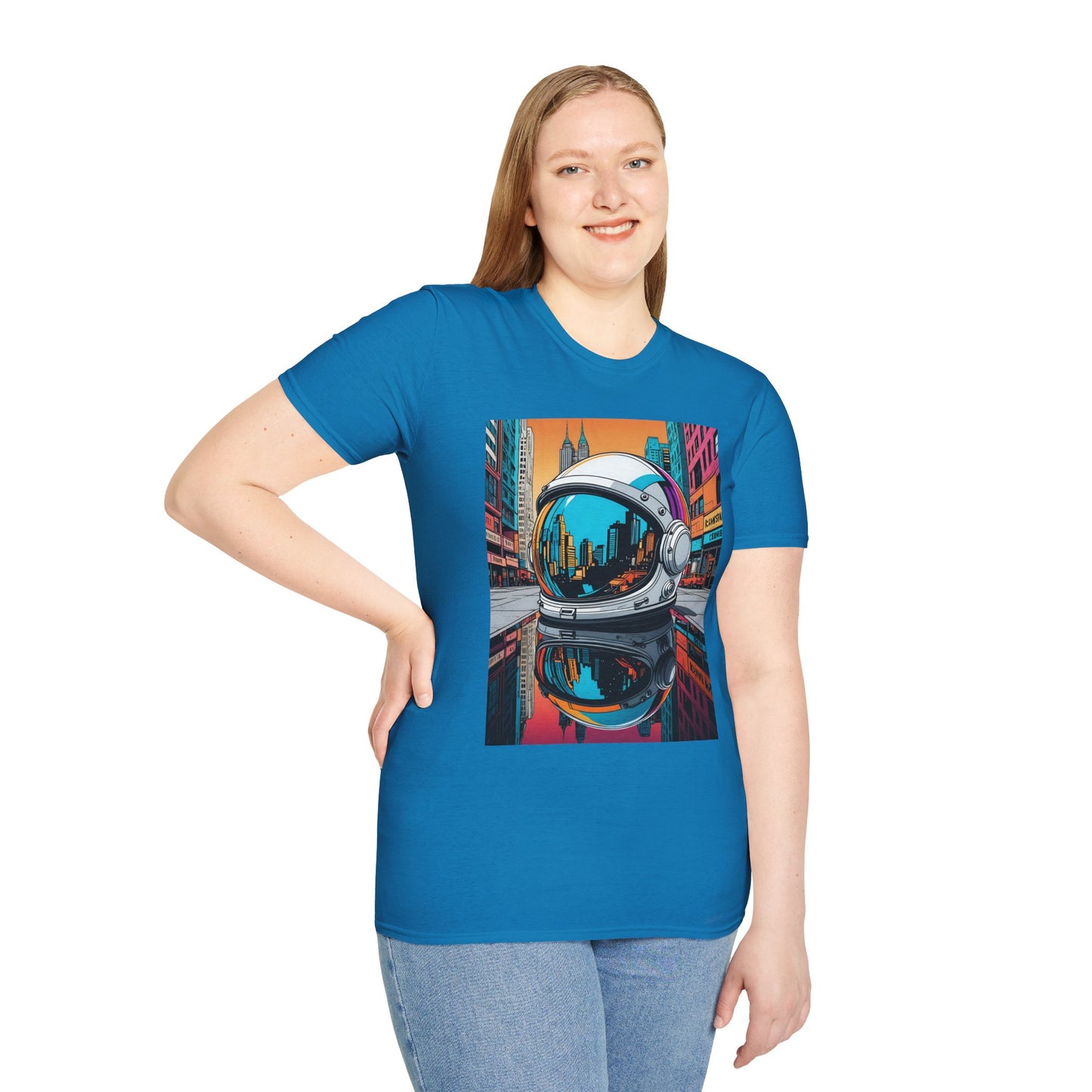 City Astronaut Reflection T-Shirt – Urban Space Art Tee – Gift for Sci-Fi Fans, Streetwear Addicts, and Cosmic Daydreamers