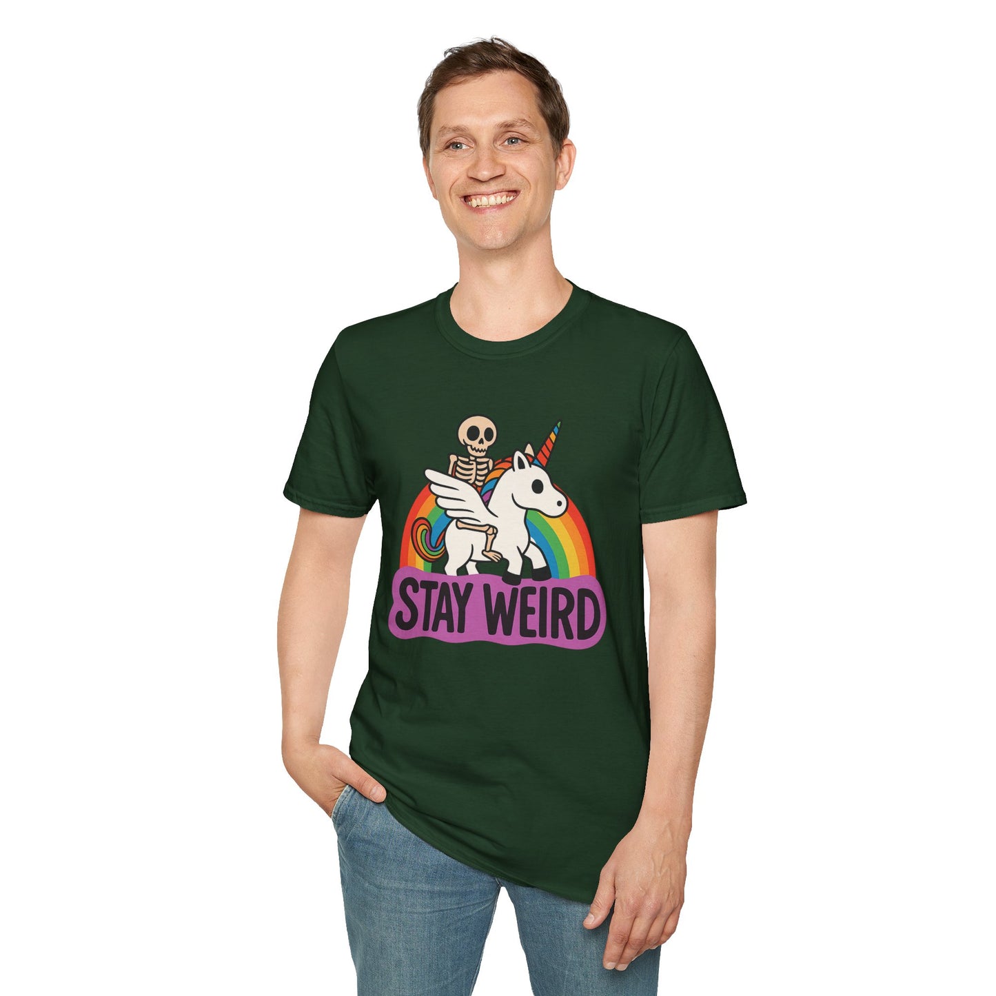 Stay Weird Skeleton Unicorn Shirt – Funny Rainbow Graphic Tee – Whimsical Weirdcore Clothing – Gift for Quirky Friends and Oddball Souls