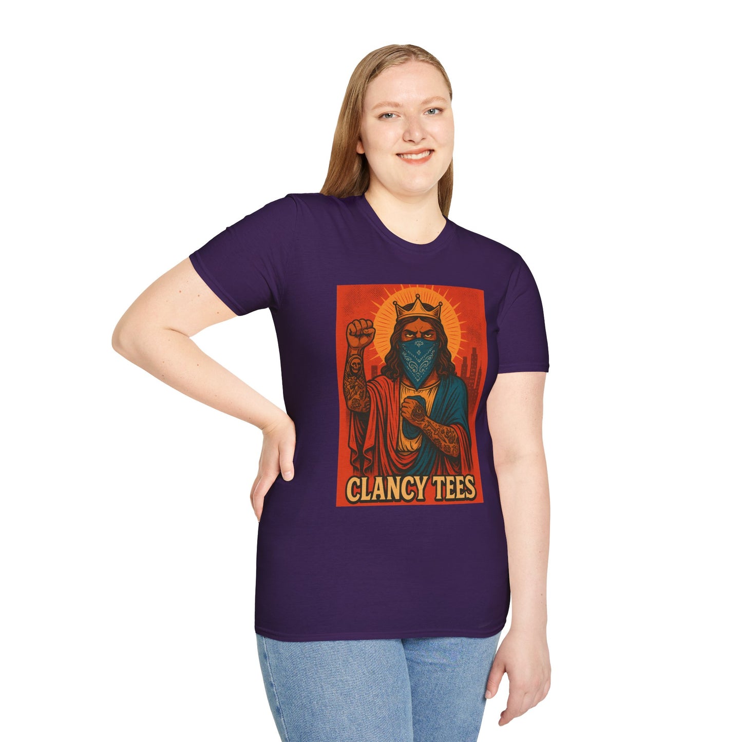 Tattooed Jesus Street Art Shirt – Clancy Tees | Urban Messiah Graphic Tee | Bold Religious Satire Shirt | King of the Block Tee