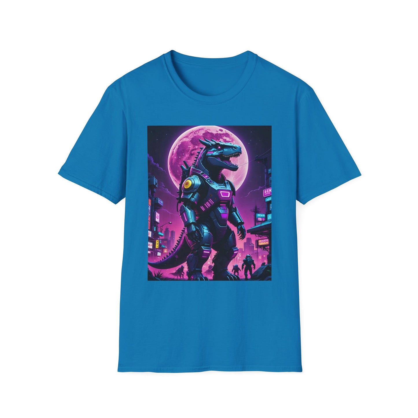 Cyberpunk Dinosaur T Shirt Neon Retro Graphic Tee Futuristic Monster Artwork Top Gift for Sci Fi Fans