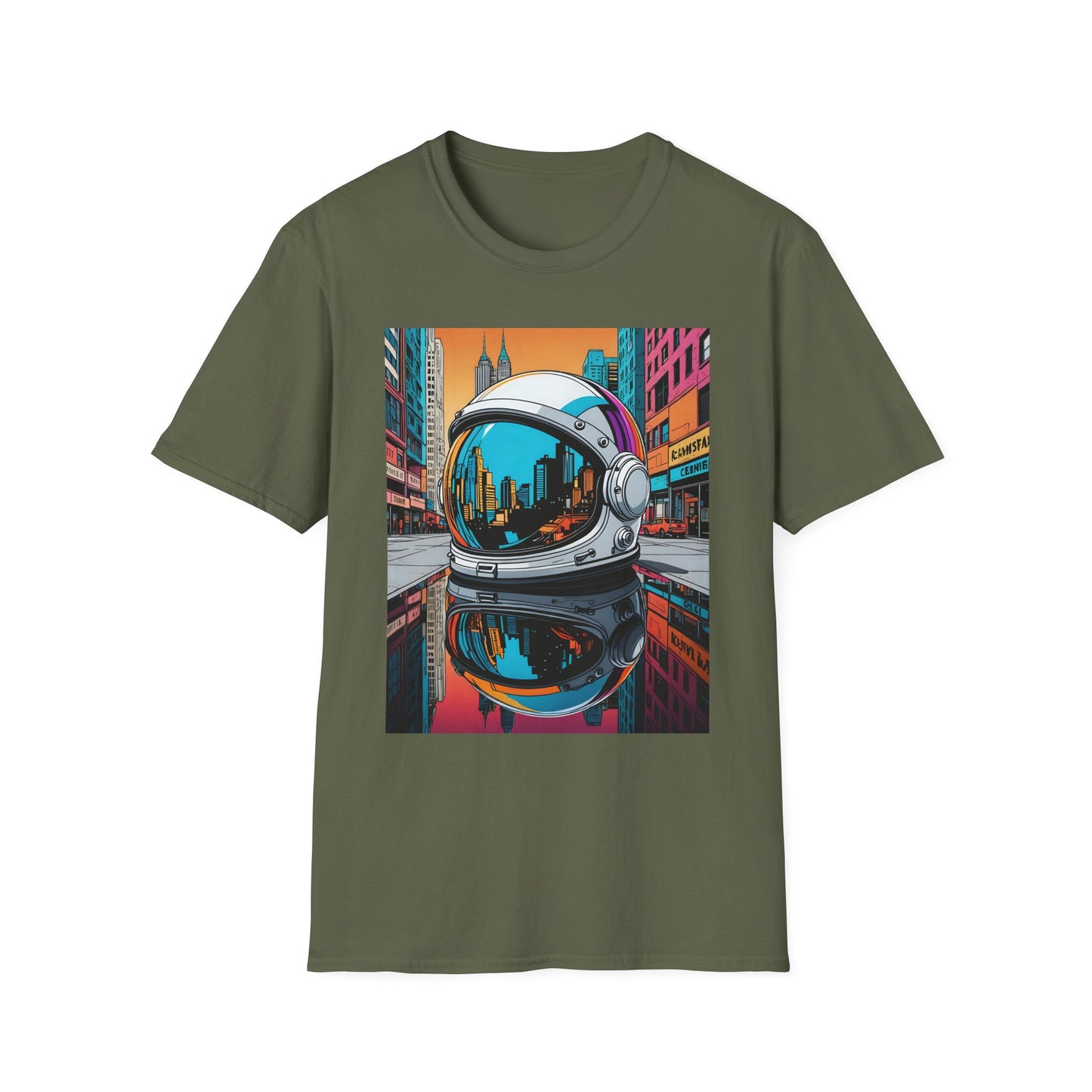 City Astronaut Reflection T-Shirt – Urban Space Art Tee – Gift for Sci-Fi Fans, Streetwear Addicts, and Cosmic Daydreamers
