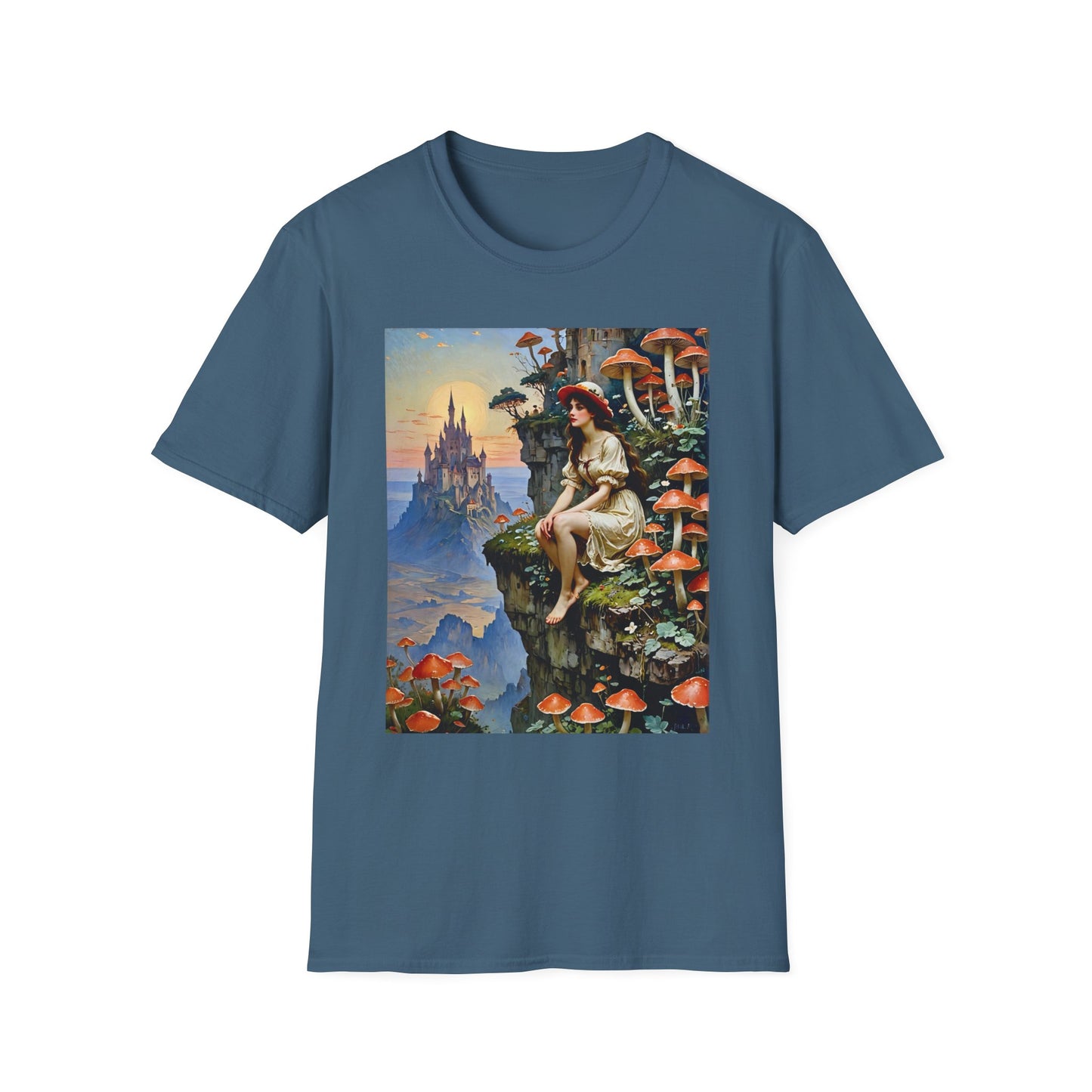 Fantasy Mushroom Fairy T-Shirt Enchanted Castle Cliffside Tee Surreal Magic Art Shirt Gift for Fantasy Fans Gift for Dreamers Psychedelic Nature Tee