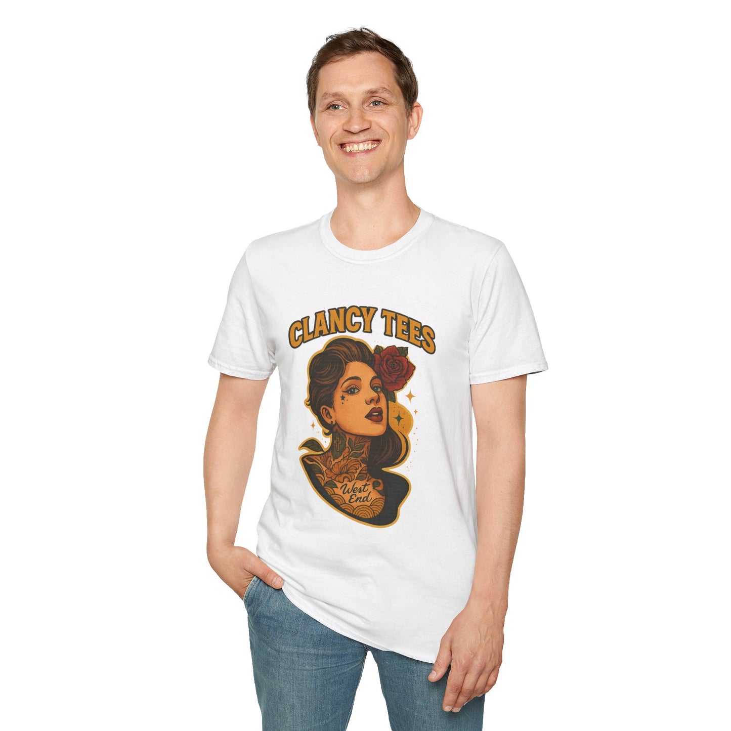 Vintage Tattoo-Inspired Unisex Softstyle T-Shirt, Unique Graphic Tee, Casual Statement Shirt, Perfect Gift for Friends & Festivals