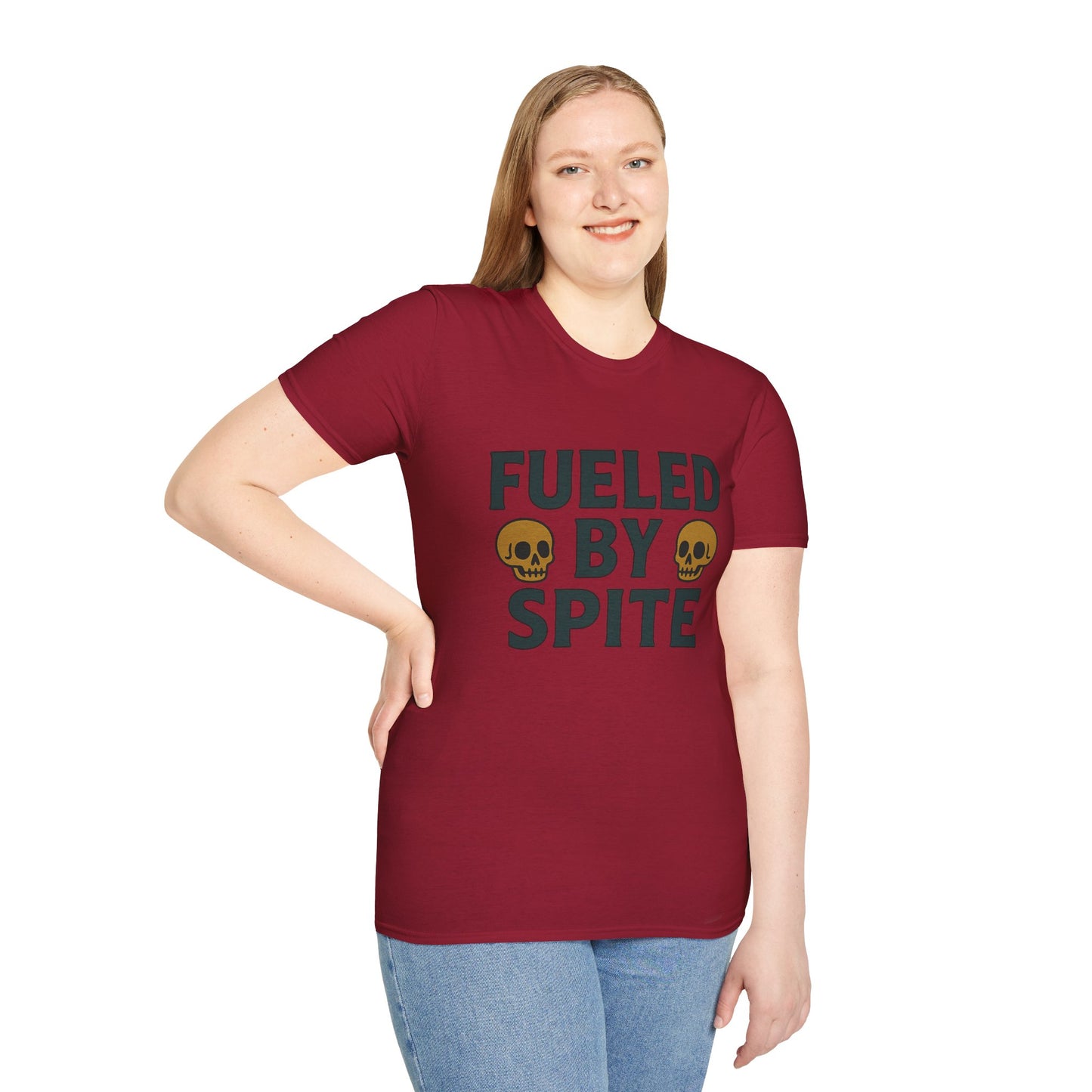 Fueled by Spite Unisex Softstyle T-Shirt, Funny Graphic Tee, Goth Aesthetic Shirt, Gifts for Spiteful Friends, Casual Wear