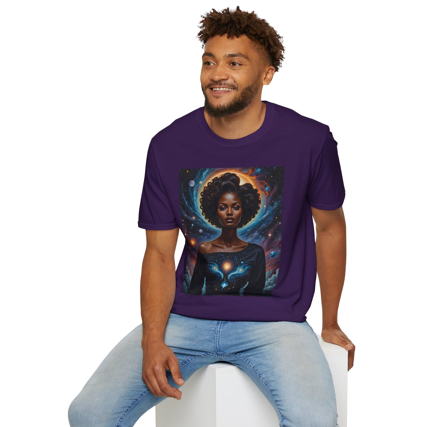 Afrofuturist Cosmic Energy T-Shirt – Celestial Power Graphic Tee, Spiritual Galaxy Shirt, Gift for Astrology Fans, Vibrant Universe Artwork