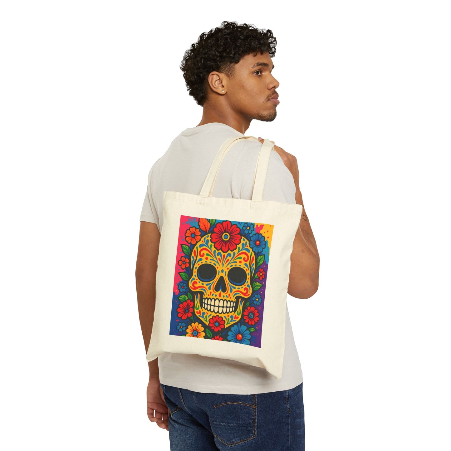 Sugar Skull Floral Tote Bag Canvas Reusable Eco Friendly Day Of The Dead Artwork