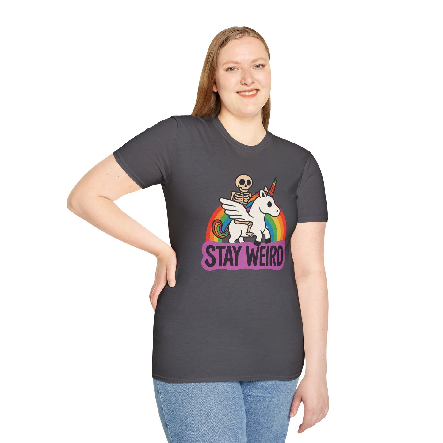 Stay Weird Skeleton Unicorn Shirt – Funny Rainbow Graphic Tee – Whimsical Weirdcore Clothing – Gift for Quirky Friends and Oddball Souls