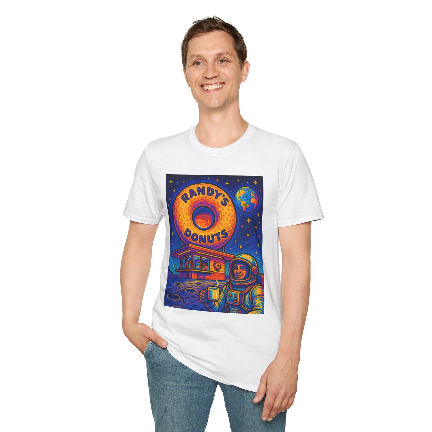 Space Donut T-Shirt – Retro Sci-Fi Astronaut Holding Coffee on the Moon – Gift for Foodies, Dreamers, and Outer Space Humor Fans