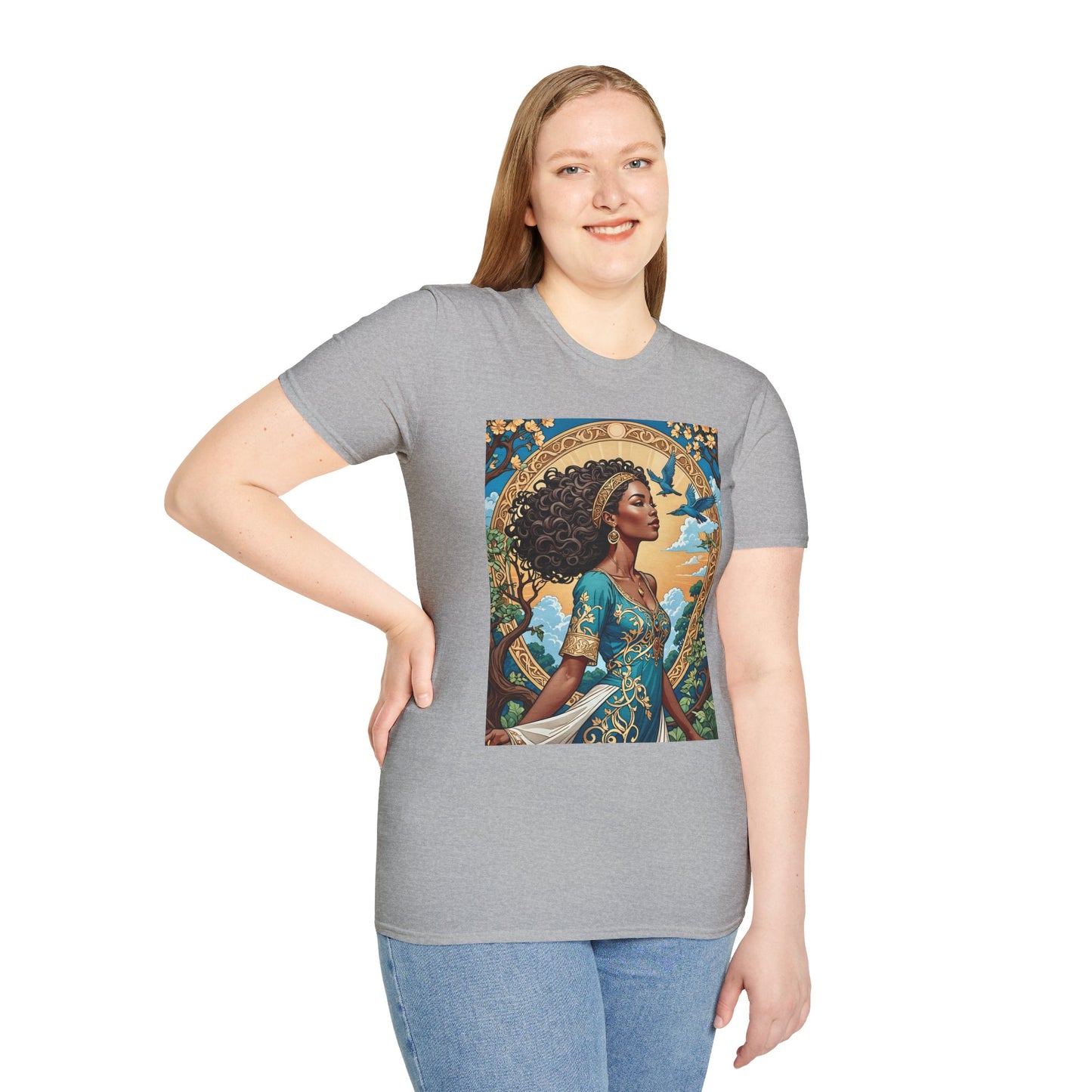 Bohemian Goddess T-Shirt, Unisex Softstyle Tee, Nature-Inspired Apparel, Gift for Women, Artistic Graphic Shirt, Eco-Friendly Fashion