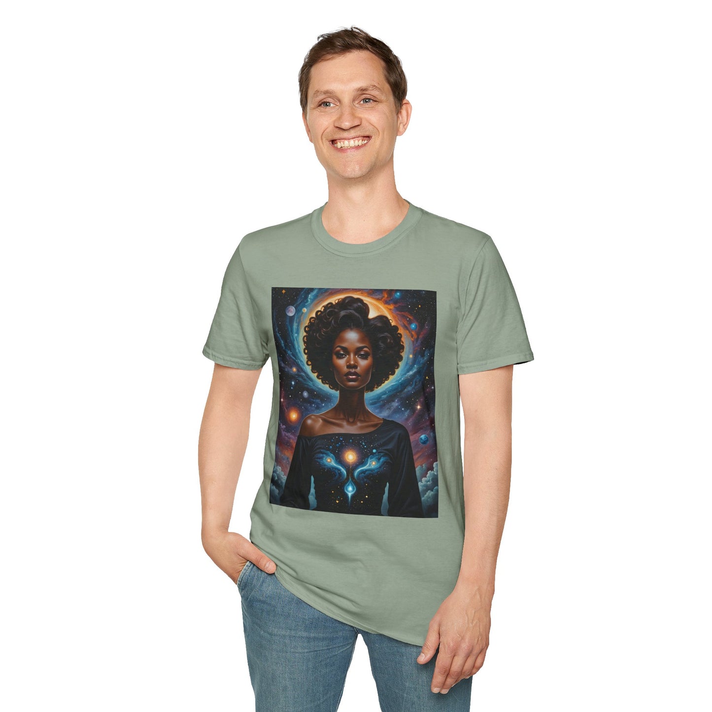Afrofuturist Cosmic Energy T-Shirt – Celestial Power Graphic Tee, Spiritual Galaxy Shirt, Gift for Astrology Fans, Vibrant Universe Artwork