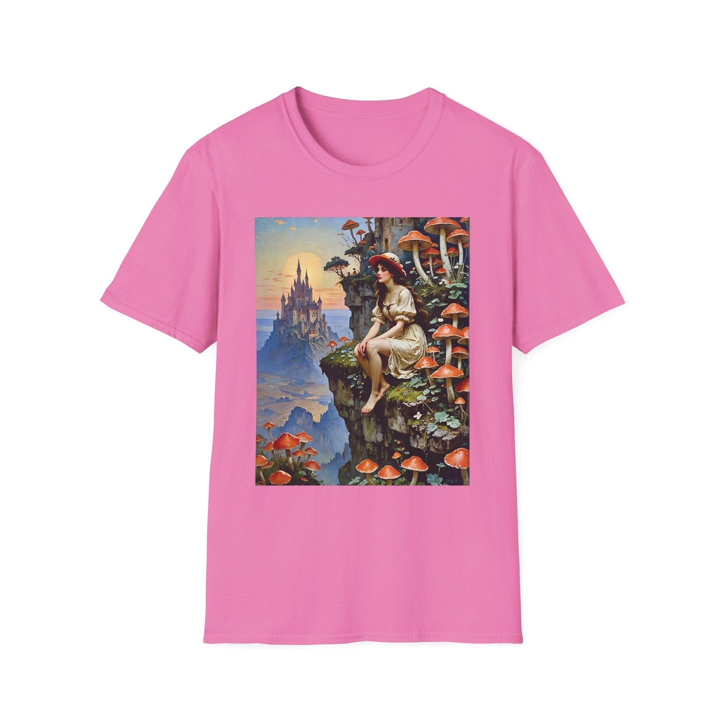 Fantasy Mushroom Fairy T-Shirt Enchanted Castle Cliffside Tee Surreal Magic Art Shirt Gift for Fantasy Fans Gift for Dreamers Psychedelic Nature Tee