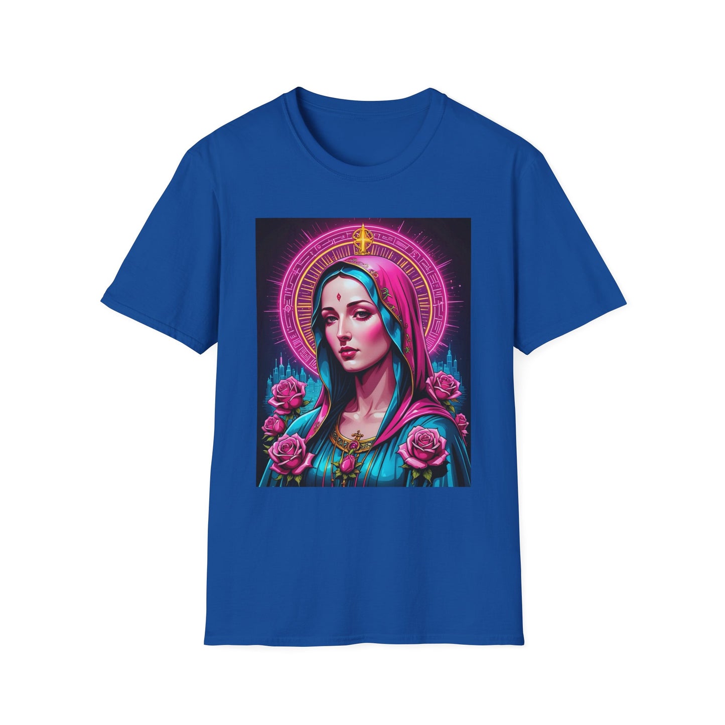 Religious Graphic Tee - Vibrant Mary Artwork, Gift for Devotees, Floral Design Shirt, Faith-Inspired Apparel, Everyday Wear