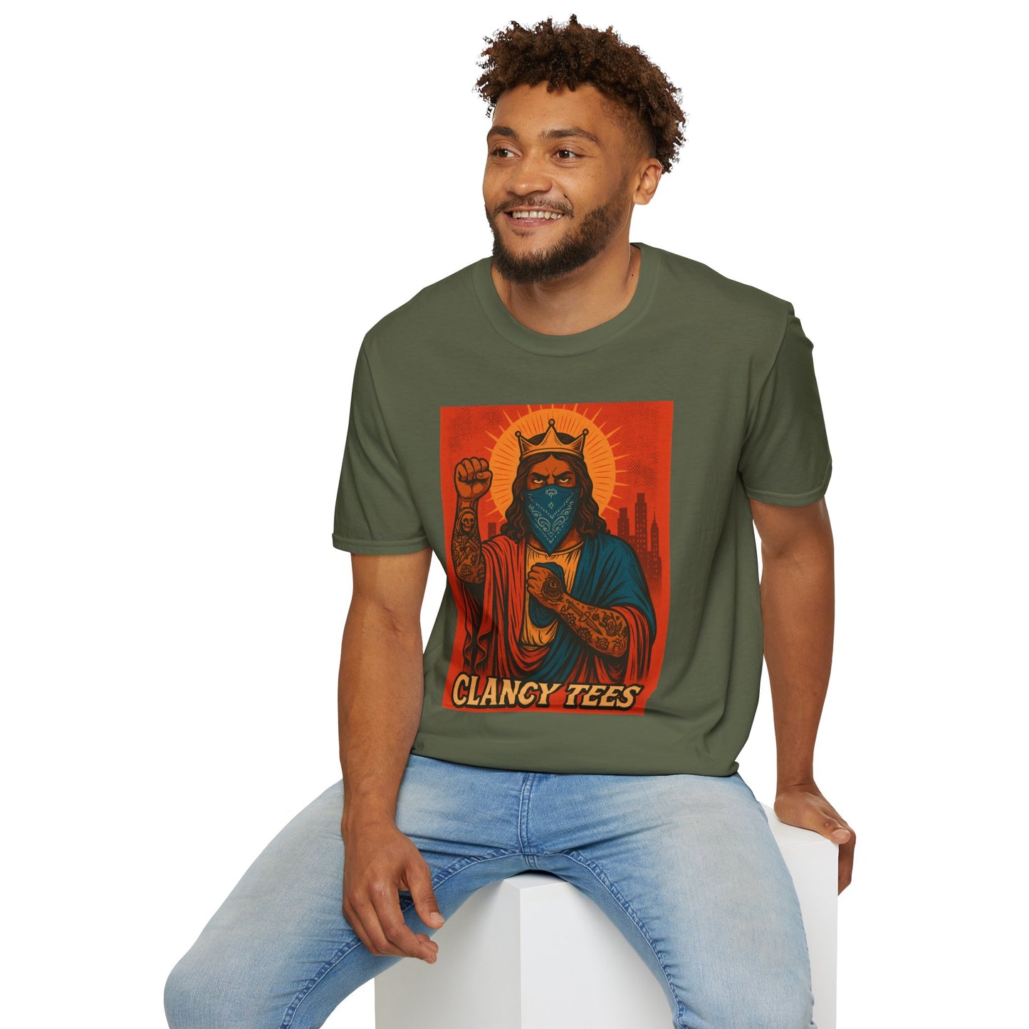 Tattooed Jesus Street Art Shirt – Clancy Tees | Urban Messiah Graphic Tee | Bold Religious Satire Shirt | King of the Block Tee
