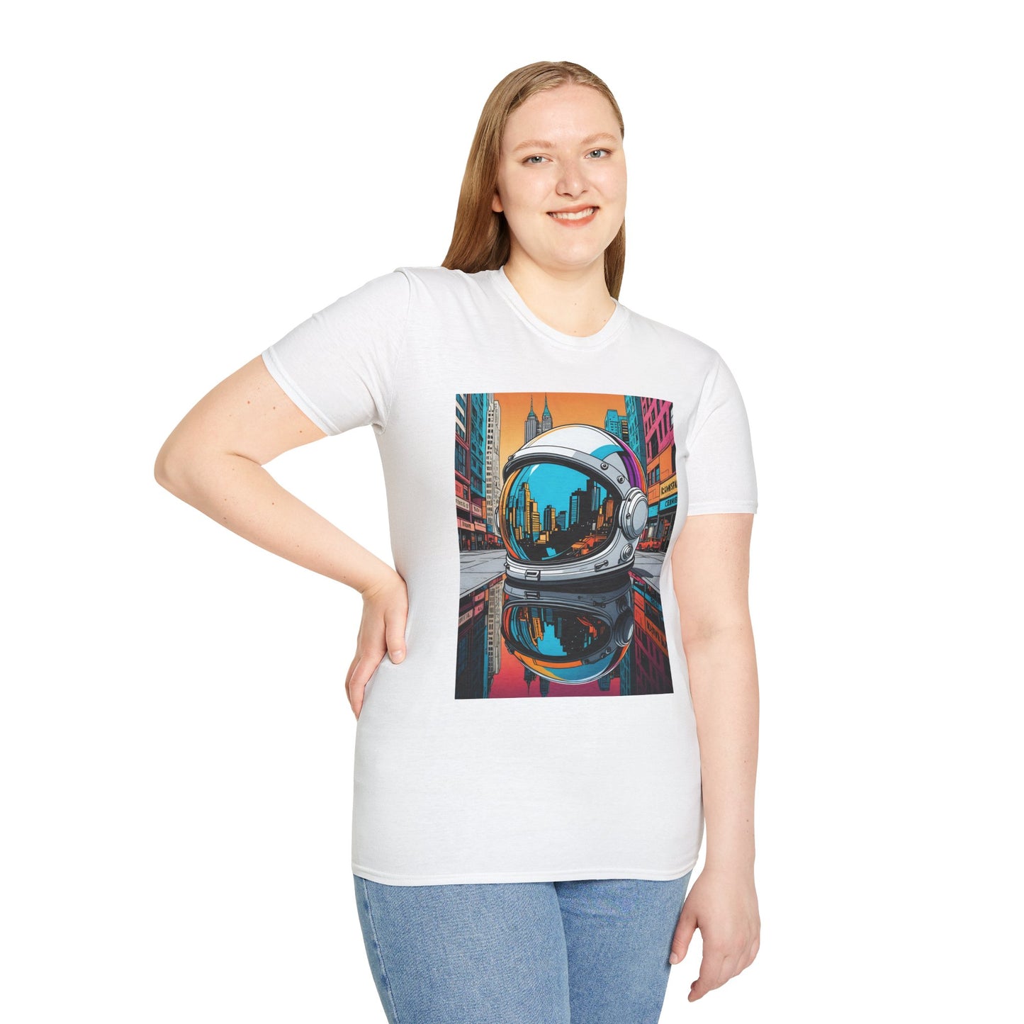 City Astronaut Reflection T-Shirt – Urban Space Art Tee – Gift for Sci-Fi Fans, Streetwear Addicts, and Cosmic Daydreamers