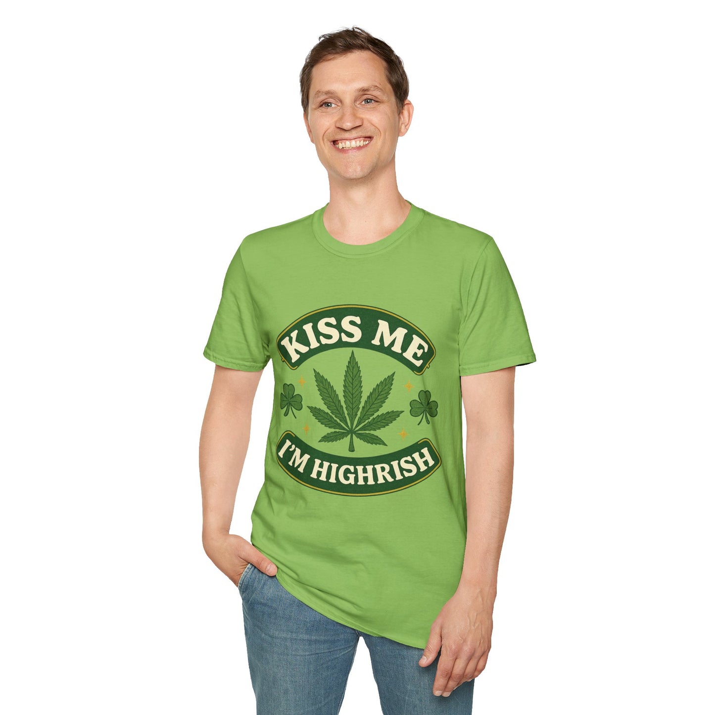 Kiss Me I’m Highrish Shirt – Funny Weed St. Patrick’s Day Tee – Cannabis Leaf Irish Parody Shirt – Gift for Stoner Friends and Green Beer Fans