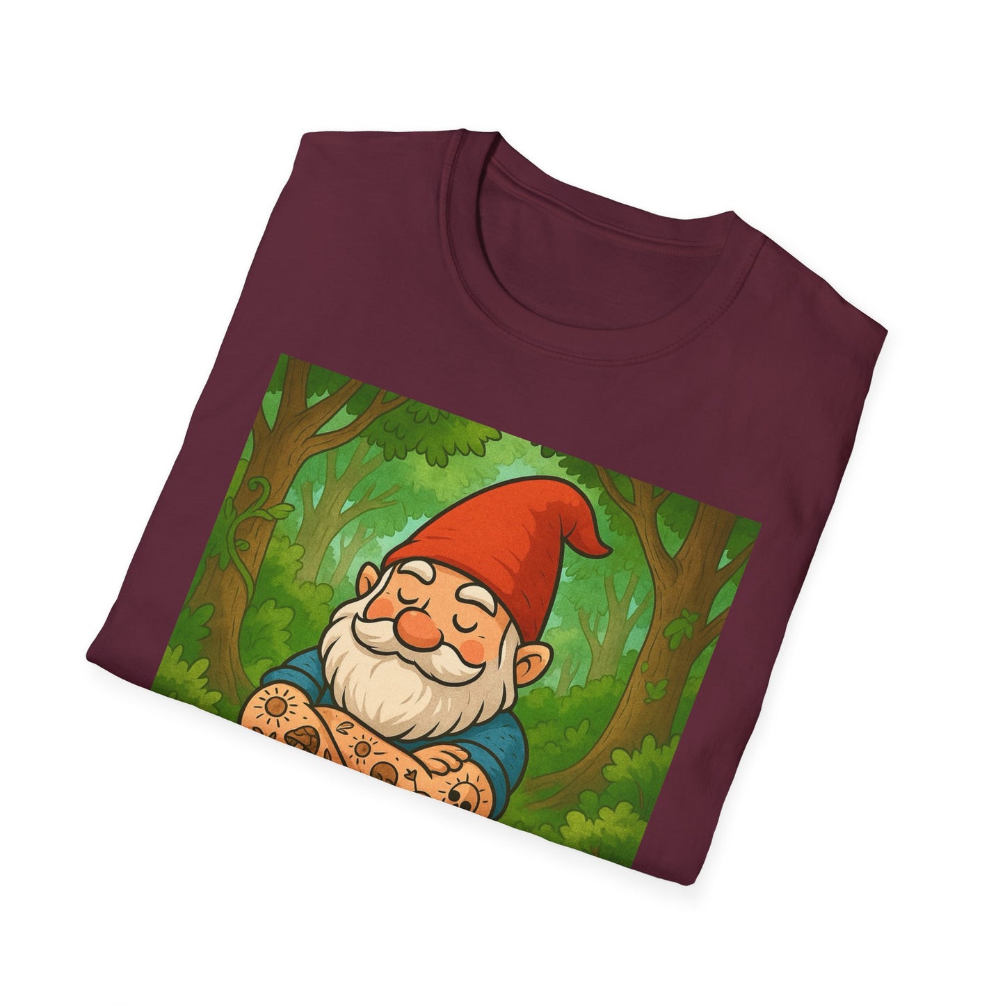 Tattooed Gnome T-Shirt – Funny Forest Inked Gnome Tee – Whimsical Tattoo Garden Shirt Gift for Mushroom Lovers, Gardeners, and Fantasy Fans