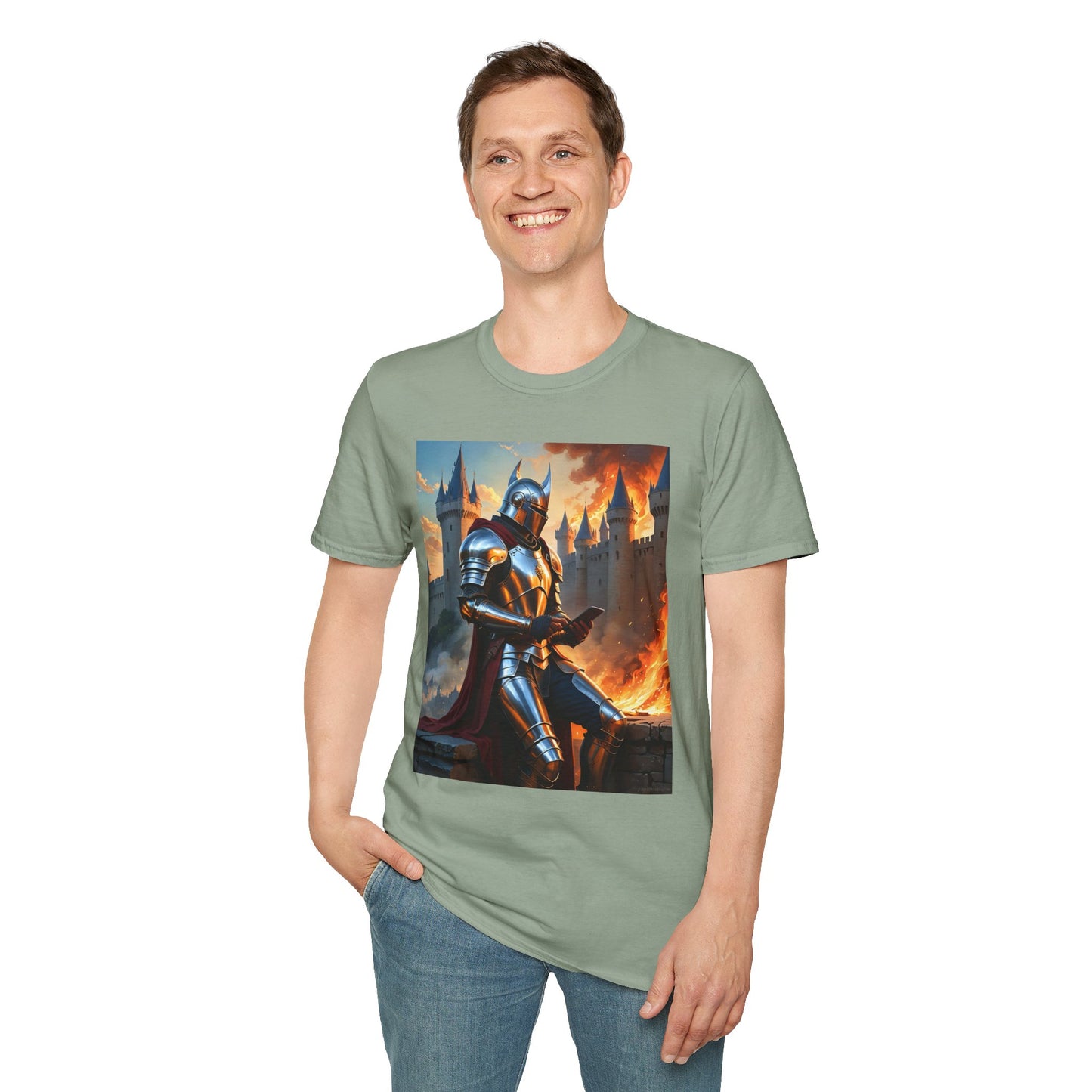 Knight in Burning Castle Shirt – Dark Fantasy Armor Tee – Gift for RPG Fans, Medieval Nerds, and Apocalyptic History Buffs