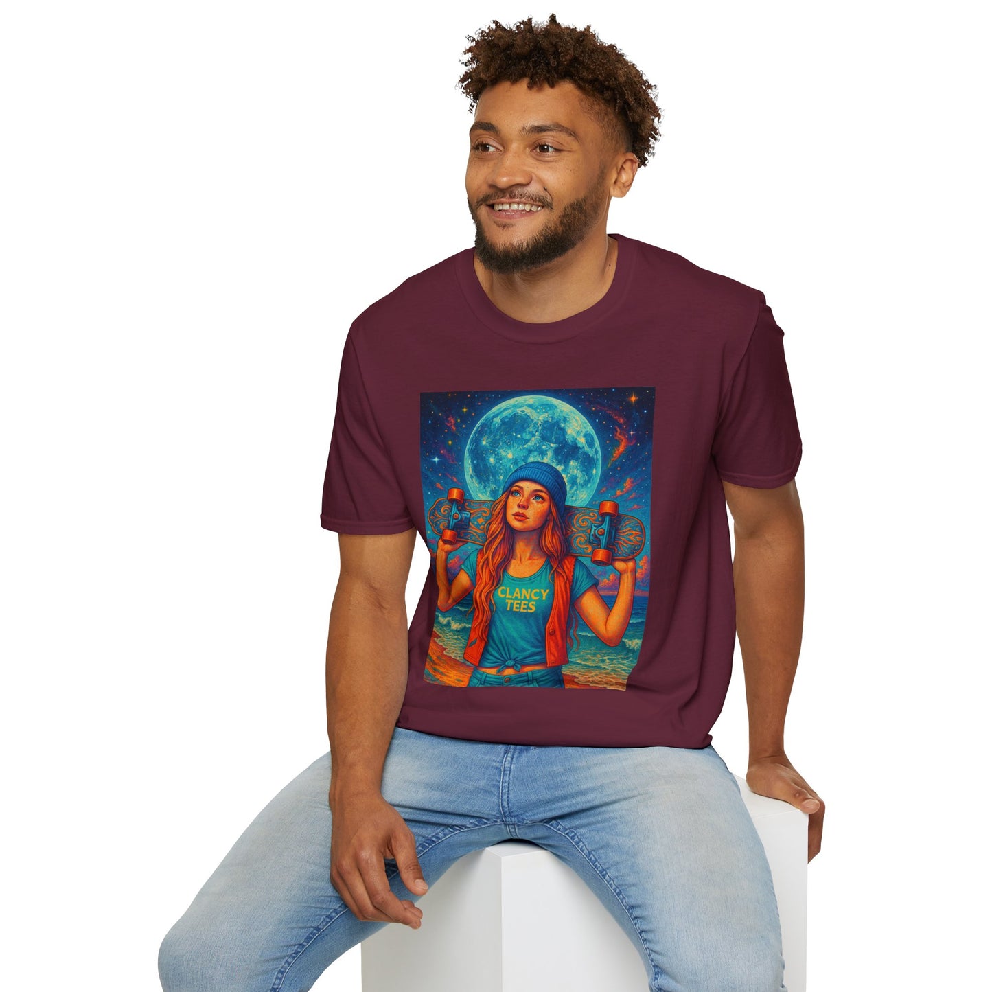 Bohemian Skater Girl Graphic Tee, Unisex T-Shirt with Moon & Nature Design, Perfect for Festivals, Gift for Nature Lovers, Summer Vibes, Casual Wear