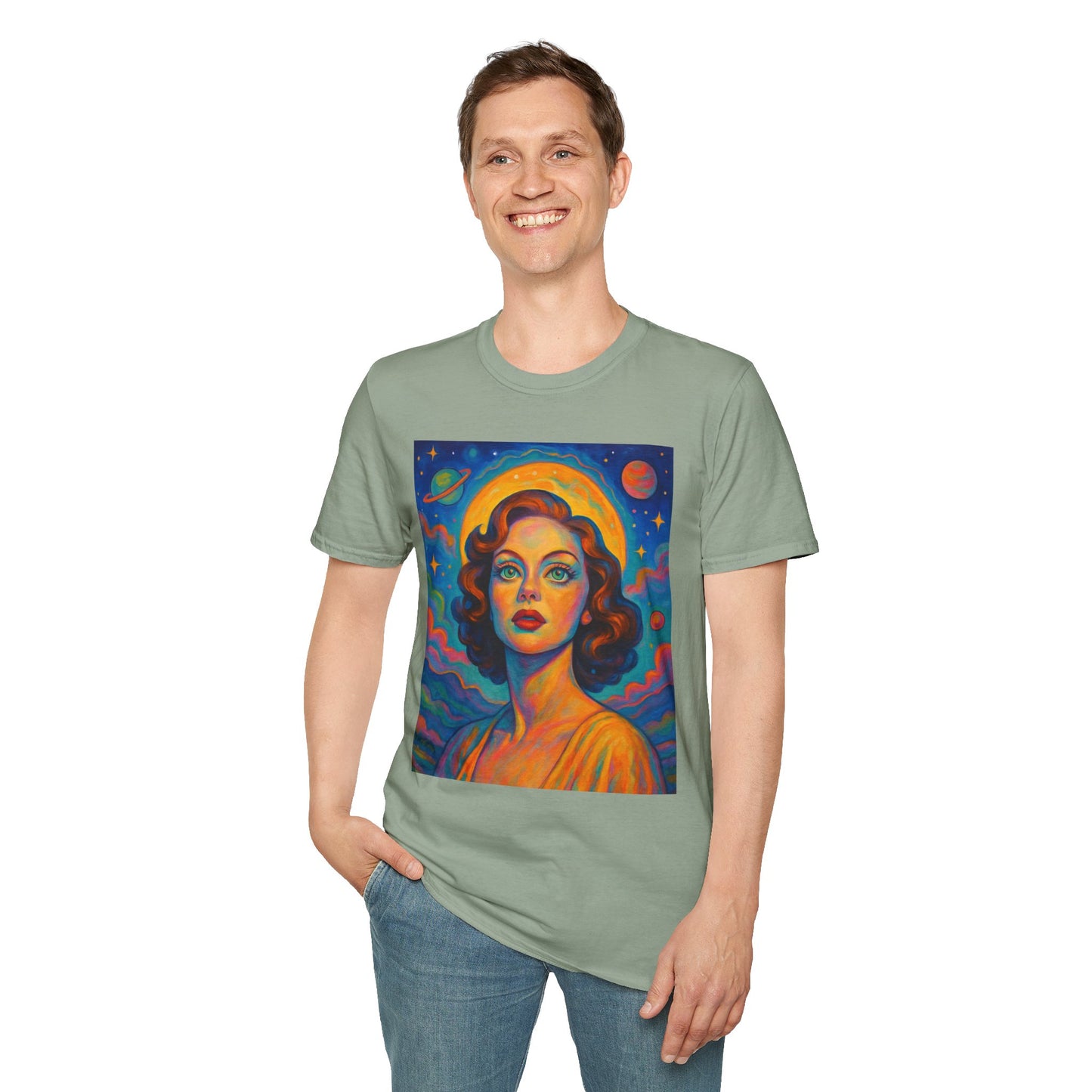 Retro Space Girl T Shirt Vintage Sci Fi Beauty Psychedelic Pop Art Galaxy Babe Tee Gift for Star Gazers Cosmic Fashion Astronaut Dreamwear
