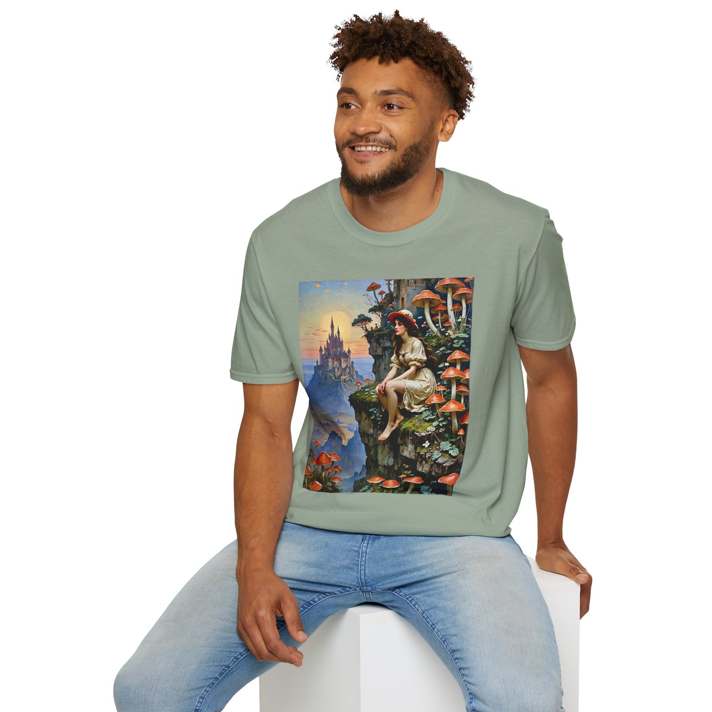 Fantasy Mushroom Fairy T-Shirt Enchanted Castle Cliffside Tee Surreal Magic Art Shirt Gift for Fantasy Fans Gift for Dreamers Psychedelic Nature Tee