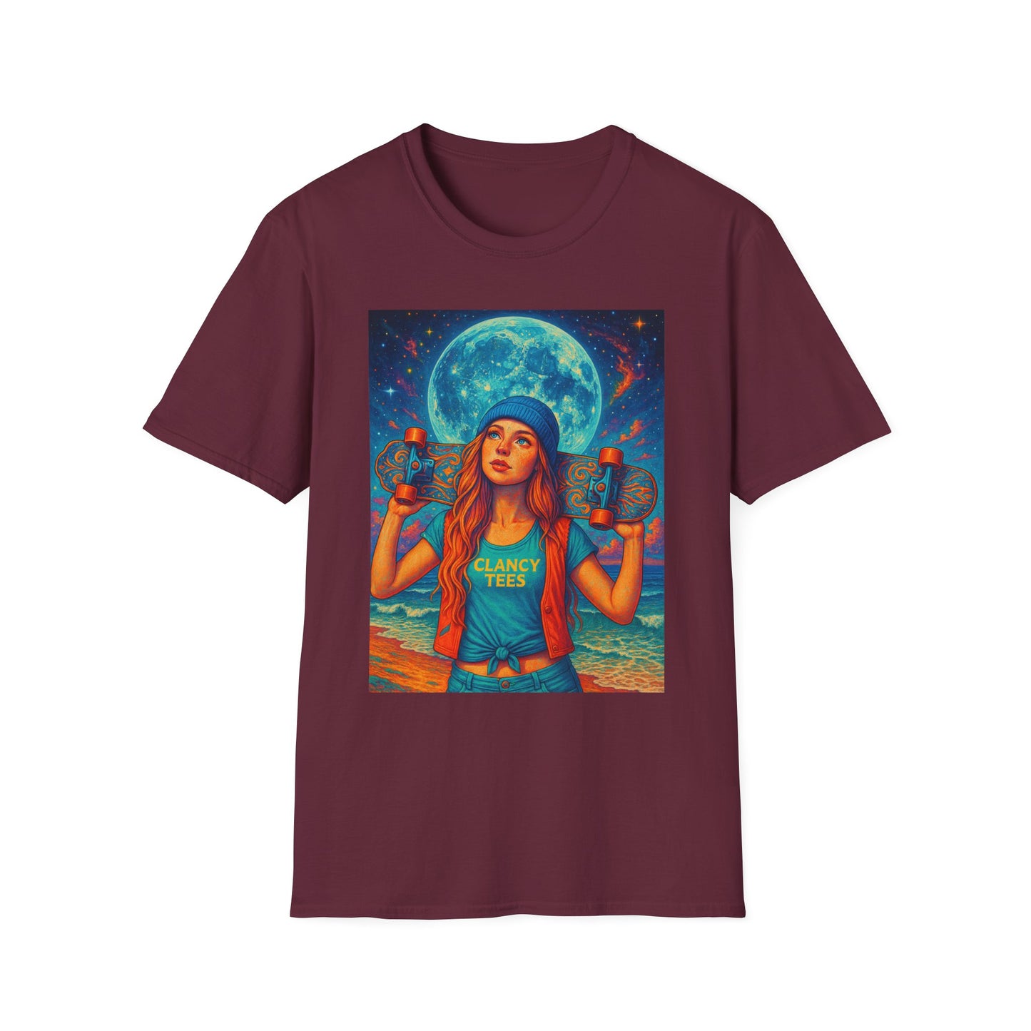 Bohemian Skater Girl Graphic Tee, Unisex T-Shirt with Moon & Nature Design, Perfect for Festivals, Gift for Nature Lovers, Summer Vibes, Casual Wear