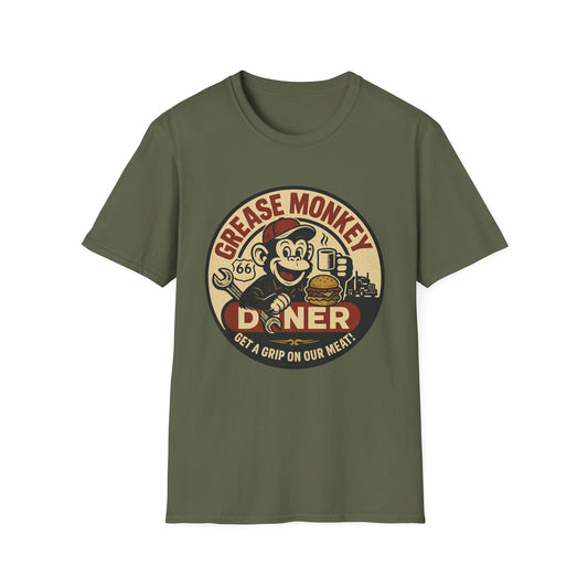 Grease Monkey Diner T-Shirt – Retro Mechanic Mascot Tee – Funny Vintage Roadside Shirt Gift for Car Guys, Grill Masters, and Route 66 Road Trip Fans
