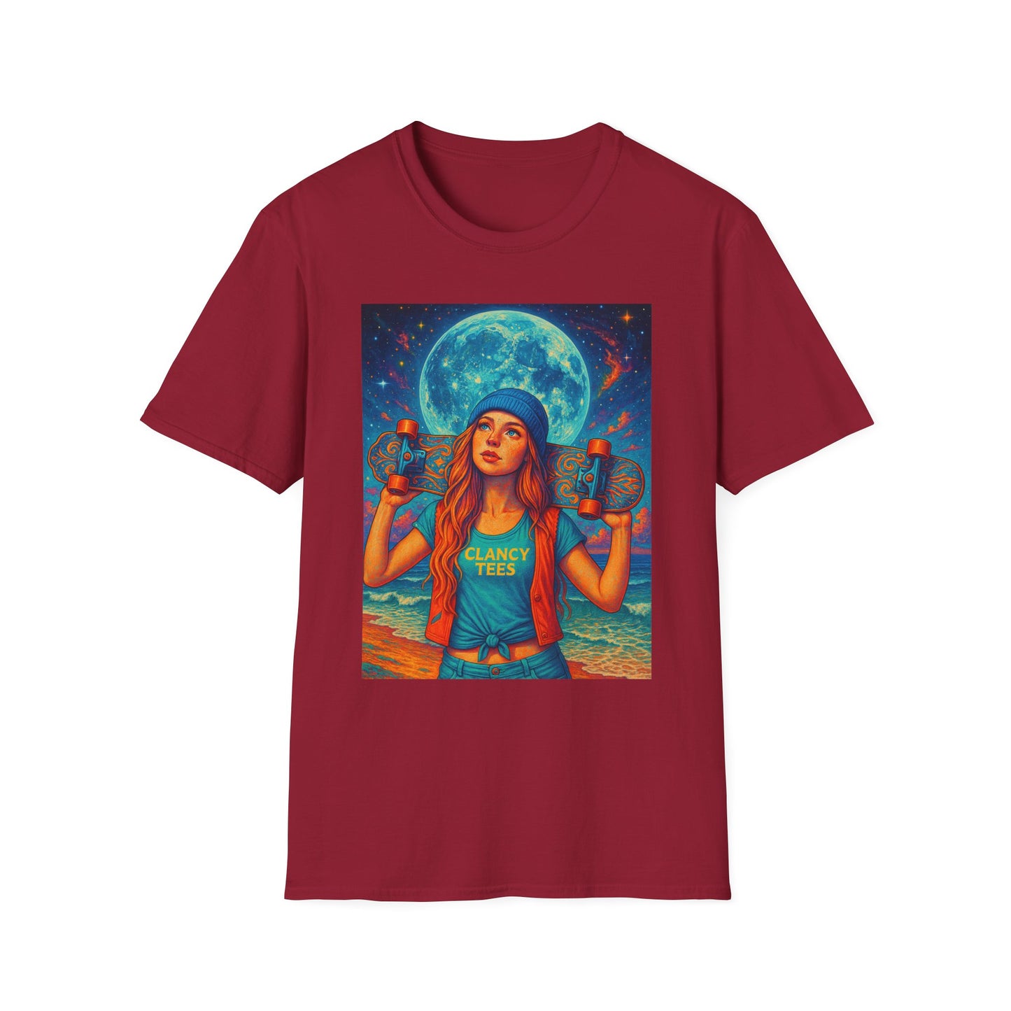 Bohemian Skater Girl Graphic Tee, Unisex T-Shirt with Moon & Nature Design, Perfect for Festivals, Gift for Nature Lovers, Summer Vibes, Casual Wear