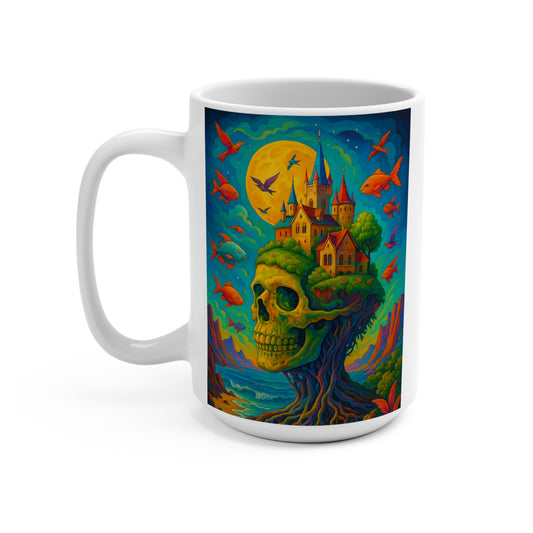Surreal Skull Castle Coffee Mug Psychedelic Fantasy Artwork Gothic Skeleton Cup Unique Gift For Dark Art Lovers