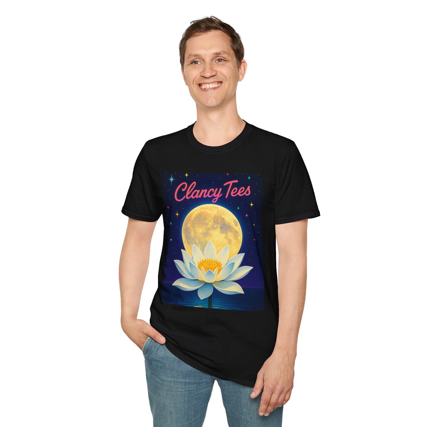 Moon Lotus Clancy Tees Shirt – Ethereal Floral T-Shirt with Full Moon Art – Gift for Nature Lovers, Yogis, Dreamers & Spiritual Aesthetic Fans