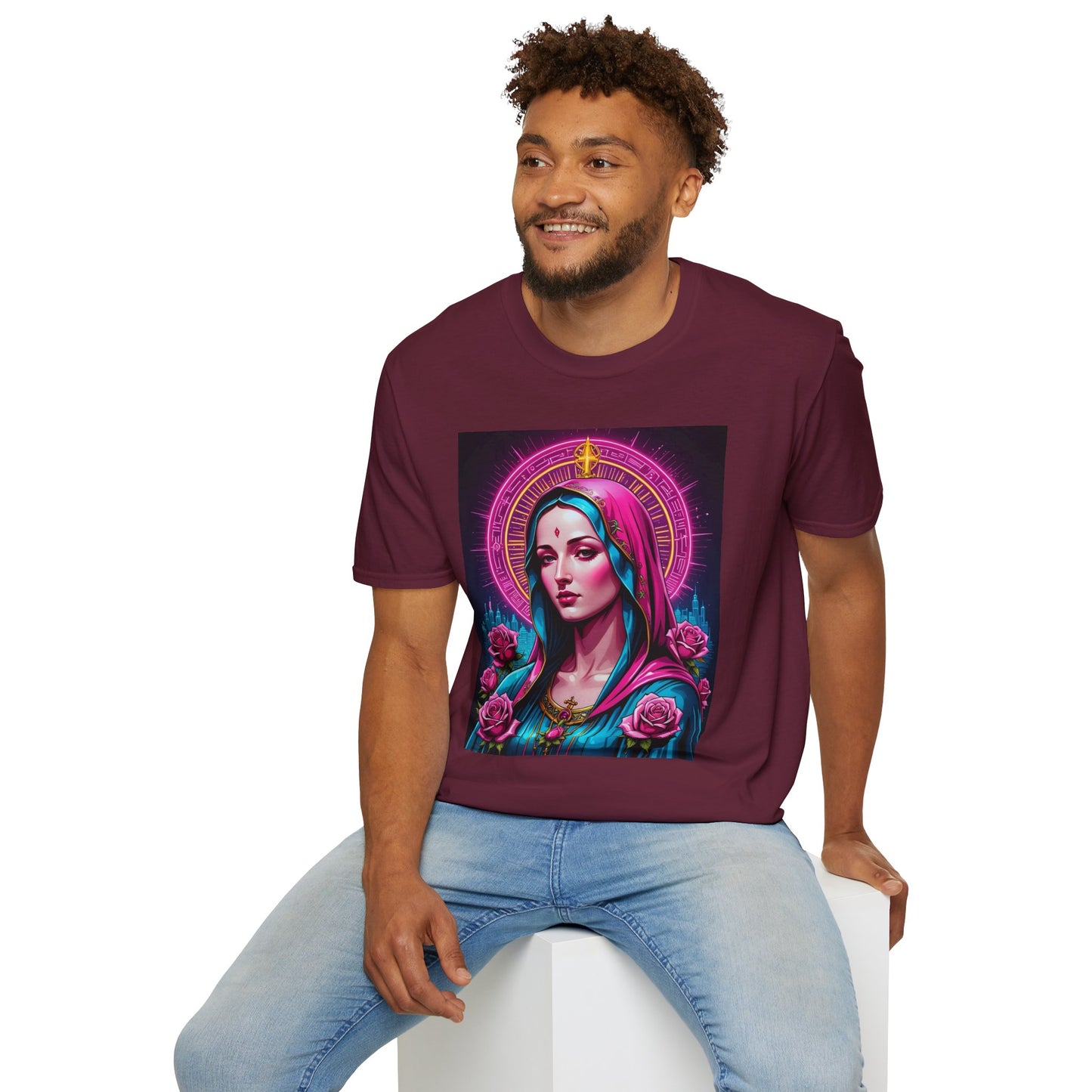 Religious Graphic Tee - Vibrant Mary Artwork, Gift for Devotees, Floral Design Shirt, Faith-Inspired Apparel, Everyday Wear