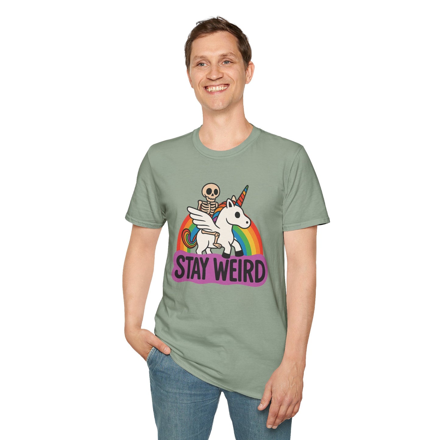 Stay Weird Skeleton Unicorn Shirt – Funny Rainbow Graphic Tee – Whimsical Weirdcore Clothing – Gift for Quirky Friends and Oddball Souls