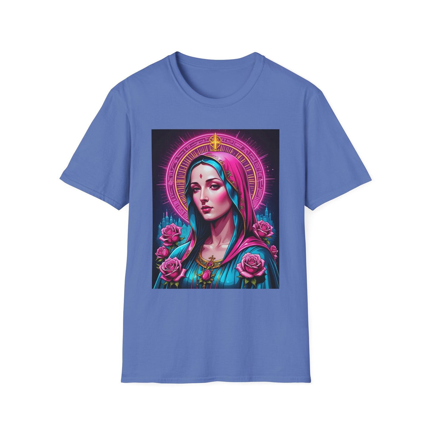 Religious Graphic Tee - Vibrant Mary Artwork, Gift for Devotees, Floral Design Shirt, Faith-Inspired Apparel, Everyday Wear
