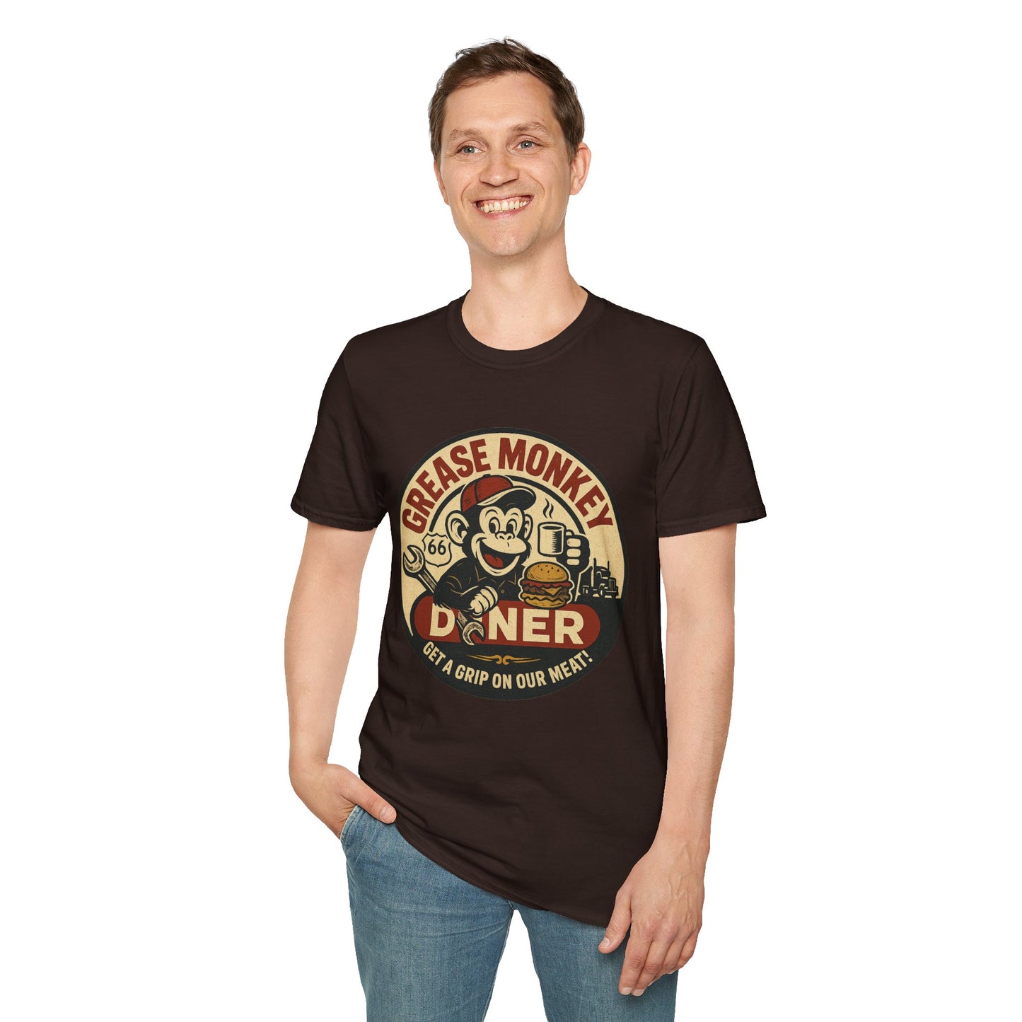 Grease Monkey Diner T-Shirt – Retro Mechanic Mascot Tee – Funny Vintage Roadside Shirt Gift for Car Guys, Grill Masters, and Route 66 Road Trip Fans