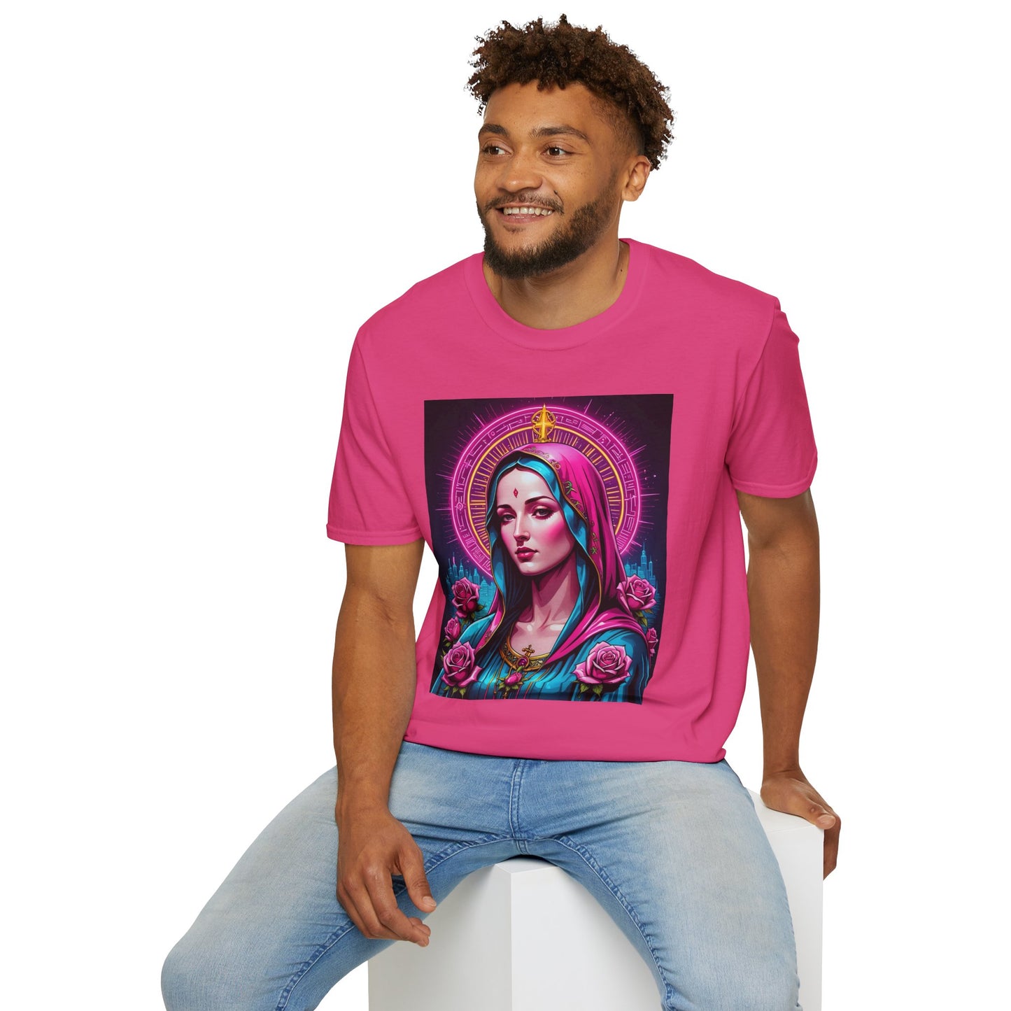 Religious Graphic Tee - Vibrant Mary Artwork, Gift for Devotees, Floral Design Shirt, Faith-Inspired Apparel, Everyday Wear