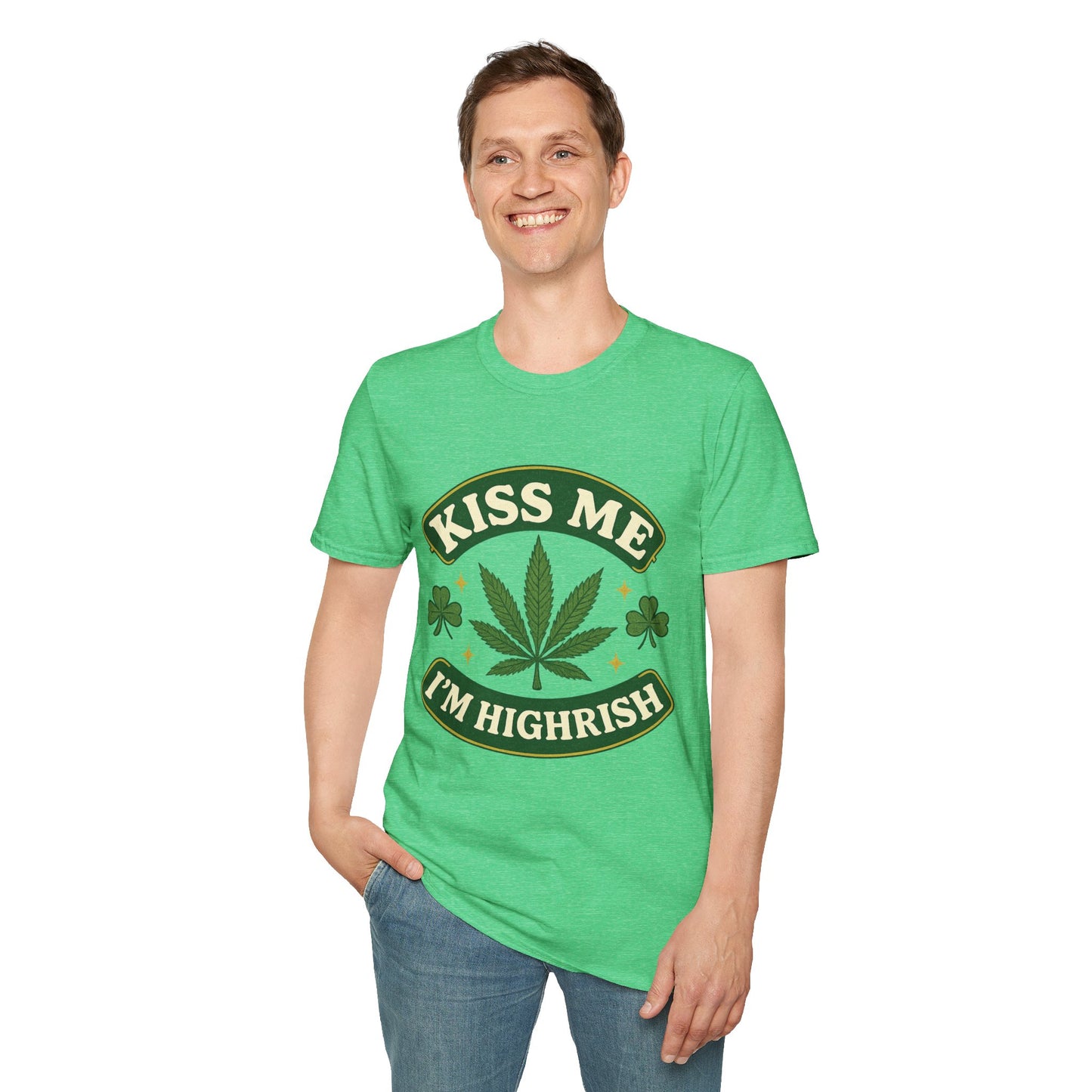 Kiss Me I’m Highrish Shirt – Funny Weed St. Patrick’s Day Tee – Cannabis Leaf Irish Parody Shirt – Gift for Stoner Friends and Green Beer Fans