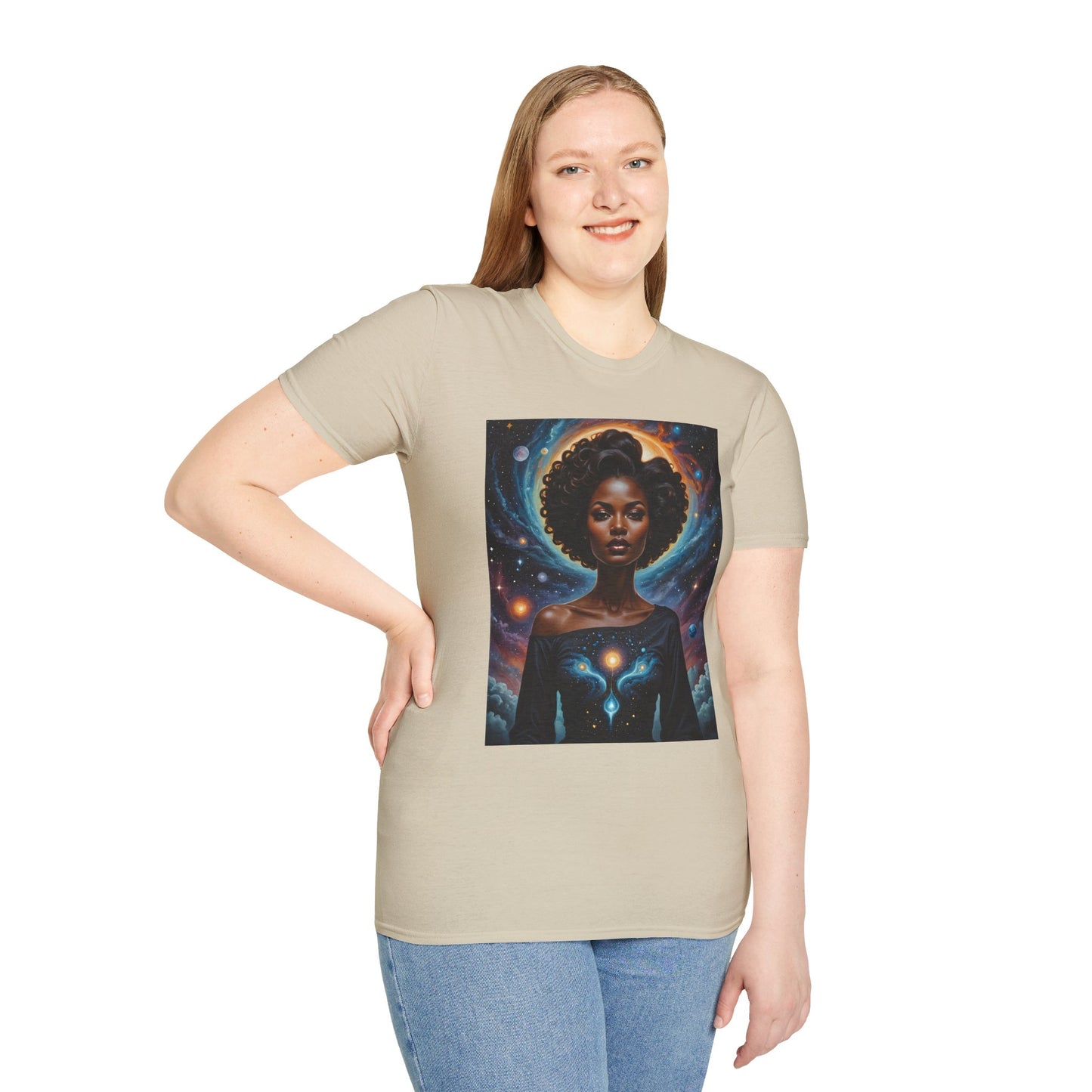 Afrofuturist Cosmic Energy T-Shirt – Celestial Power Graphic Tee, Spiritual Galaxy Shirt, Gift for Astrology Fans, Vibrant Universe Artwork
