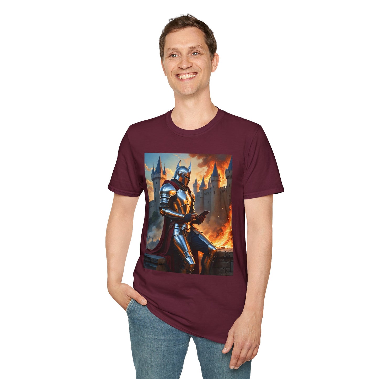 Knight in Burning Castle Shirt – Dark Fantasy Armor Tee – Gift for RPG Fans, Medieval Nerds, and Apocalyptic History Buffs
