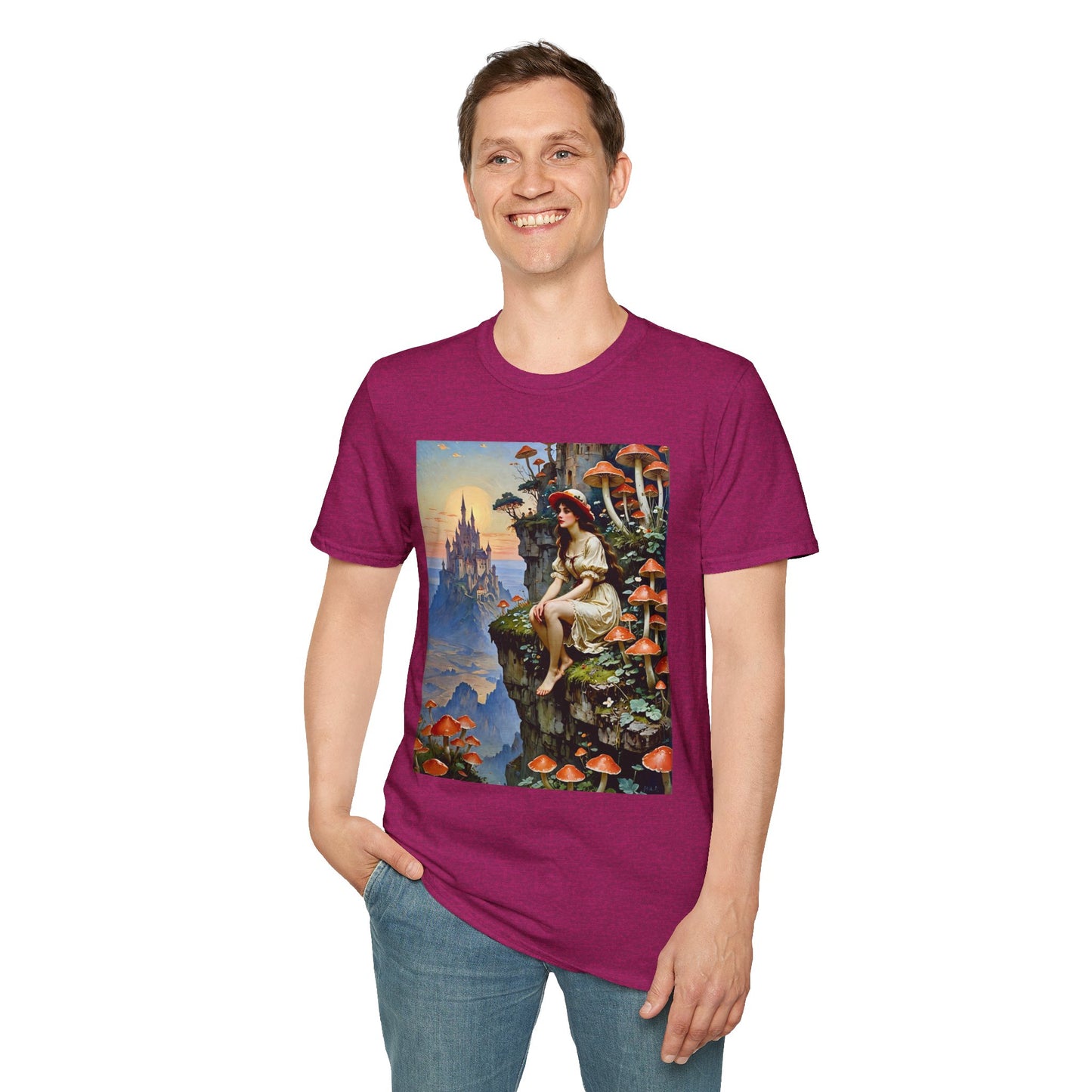 Fantasy Mushroom Fairy T-Shirt Enchanted Castle Cliffside Tee Surreal Magic Art Shirt Gift for Fantasy Fans Gift for Dreamers Psychedelic Nature Tee