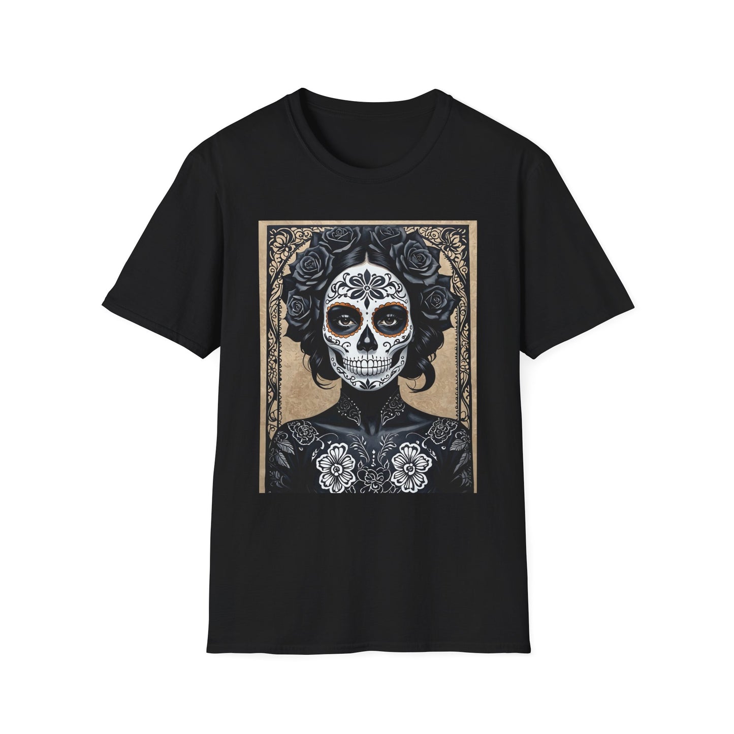 Black Floral Skull Tattoo Shirt – Gothic Día de los Muertos Tee – Gift for Skull Collectors, Tattoo Fans, and Alt Aesthetic Enthusiasts