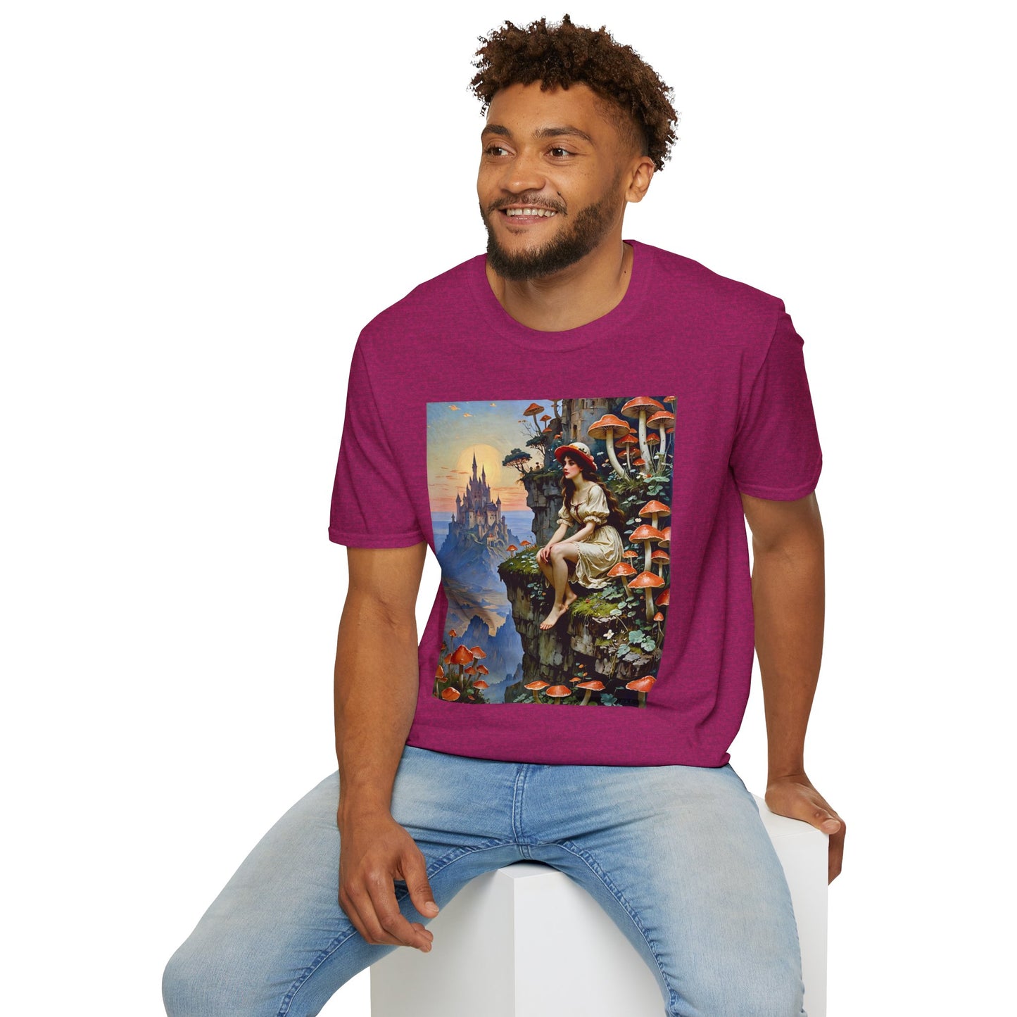 Fantasy Mushroom Fairy T-Shirt Enchanted Castle Cliffside Tee Surreal Magic Art Shirt Gift for Fantasy Fans Gift for Dreamers Psychedelic Nature Tee