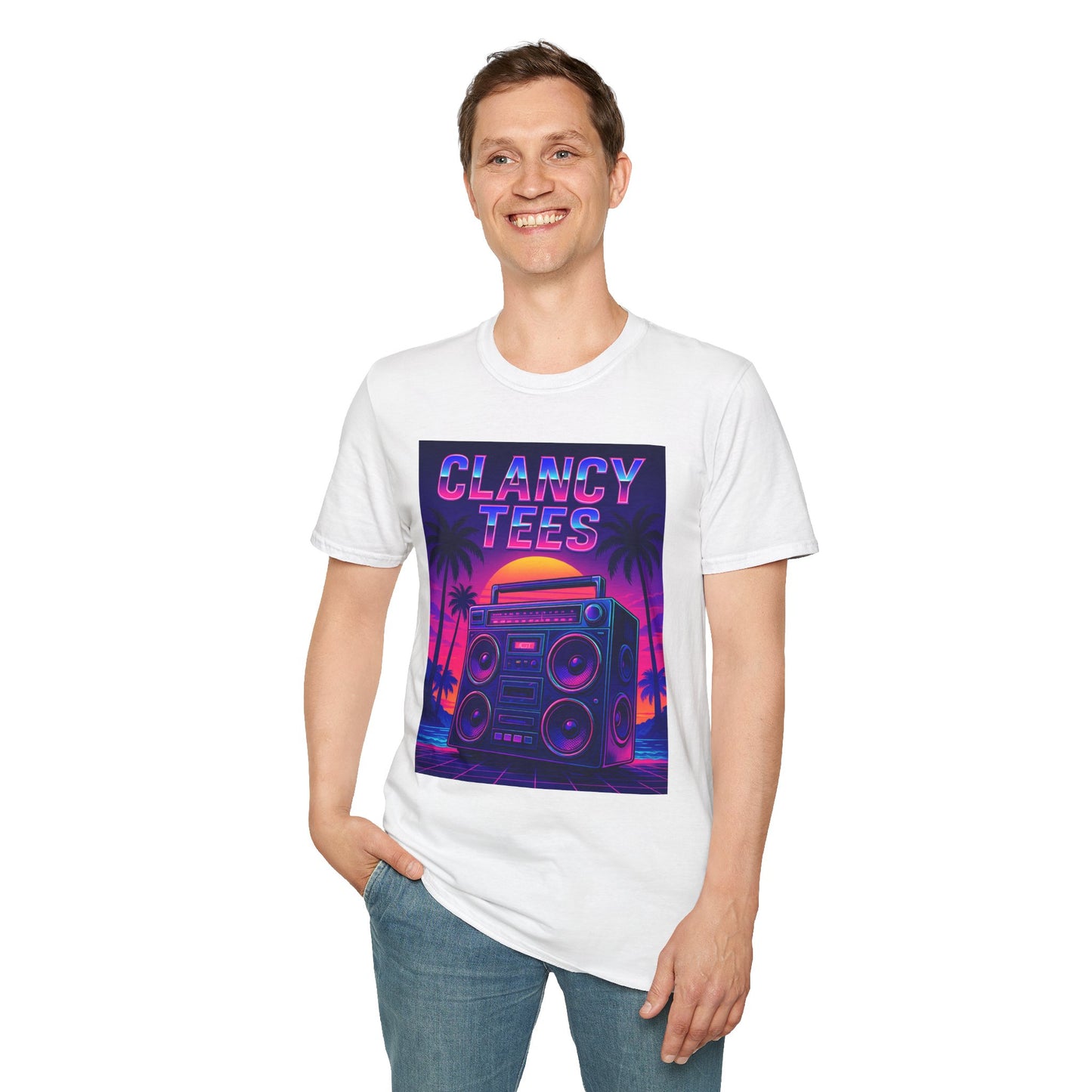 Retro Boombox Sunset Tee – Vaporwave Clancy Tees Shirt – Gift for 80s Kids, Music Lovers, Synthwave Fans & Nostalgic Neon Dreamers