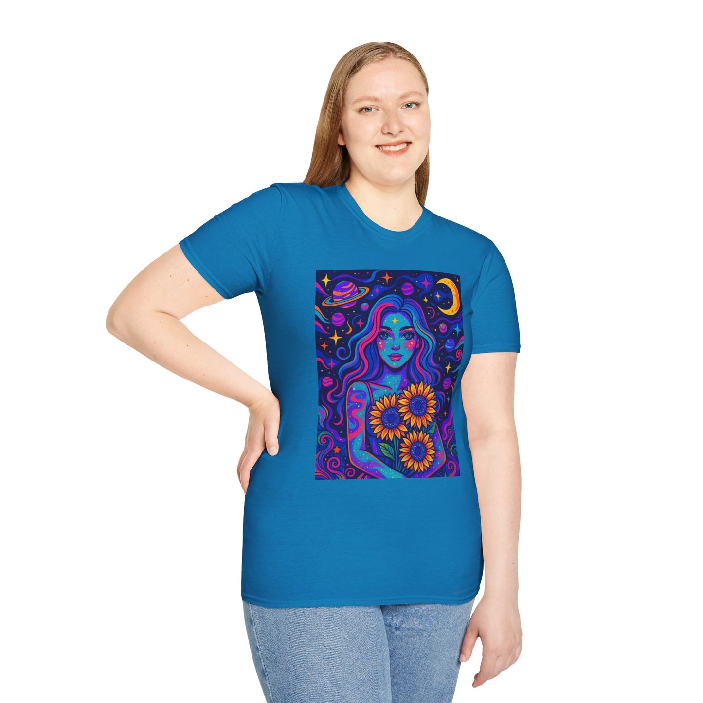 Psychedelic Sunflower Girl Shirt Trippy Space Goddess Tee Gift for Astrology Lovers Cosmic Art T Shirt for Hippies Star Gazers and Moon Magic Fans