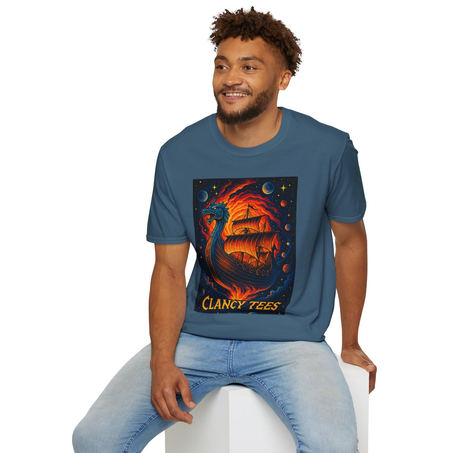 Viking Ship Dragon Shirt – Trippy Norse Mythology Tee with Fiery Cosmic Art – Bold Fantasy Graphic – Gift for Myth Lovers and Warrior Souls