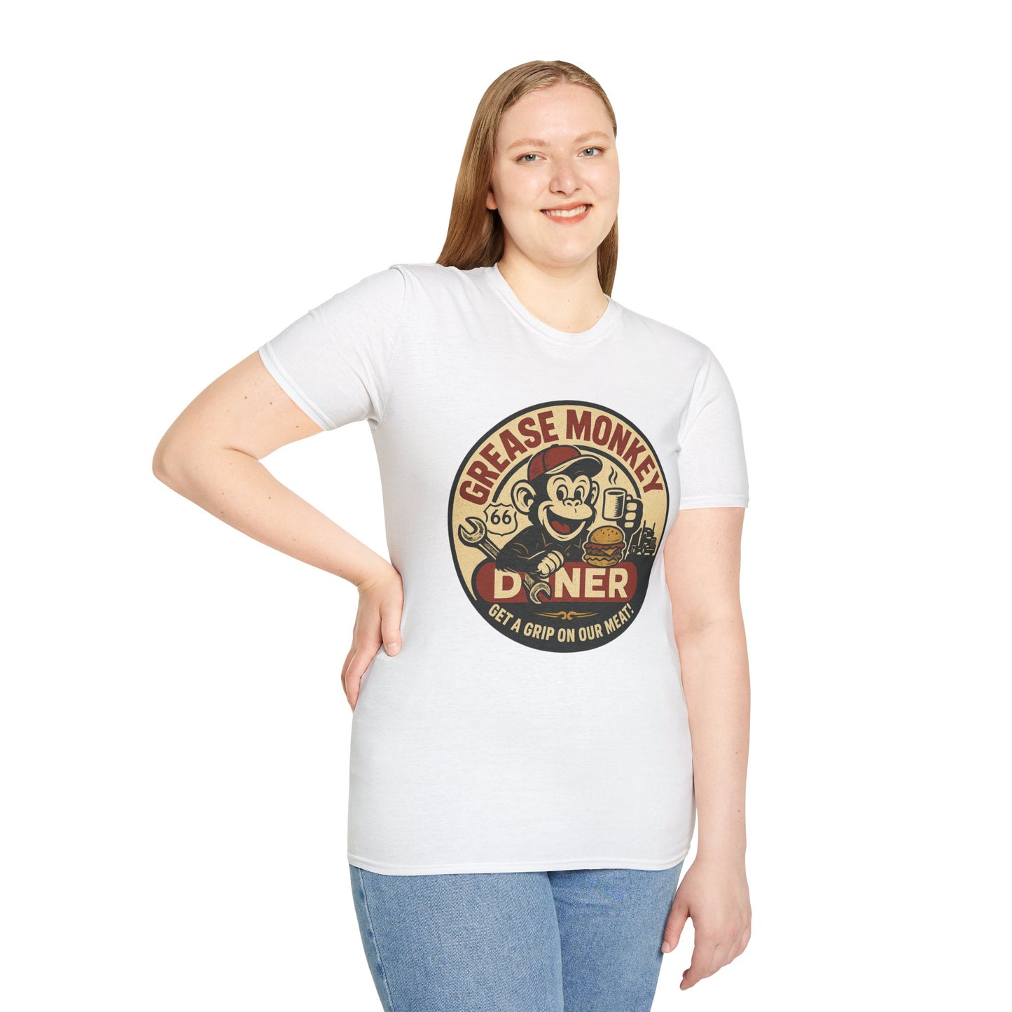 Grease Monkey Diner T-Shirt – Retro Mechanic Mascot Tee – Funny Vintage Roadside Shirt Gift for Car Guys, Grill Masters, and Route 66 Road Trip Fans