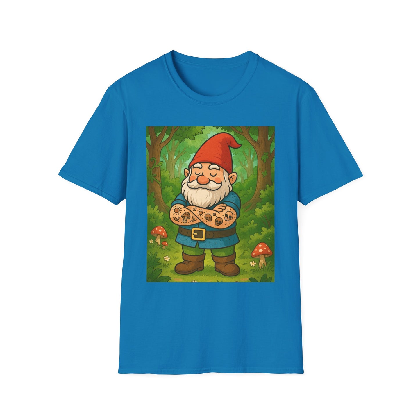 Tattooed Gnome T-Shirt – Funny Forest Inked Gnome Tee – Whimsical Tattoo Garden Shirt Gift for Mushroom Lovers, Gardeners, and Fantasy Fans