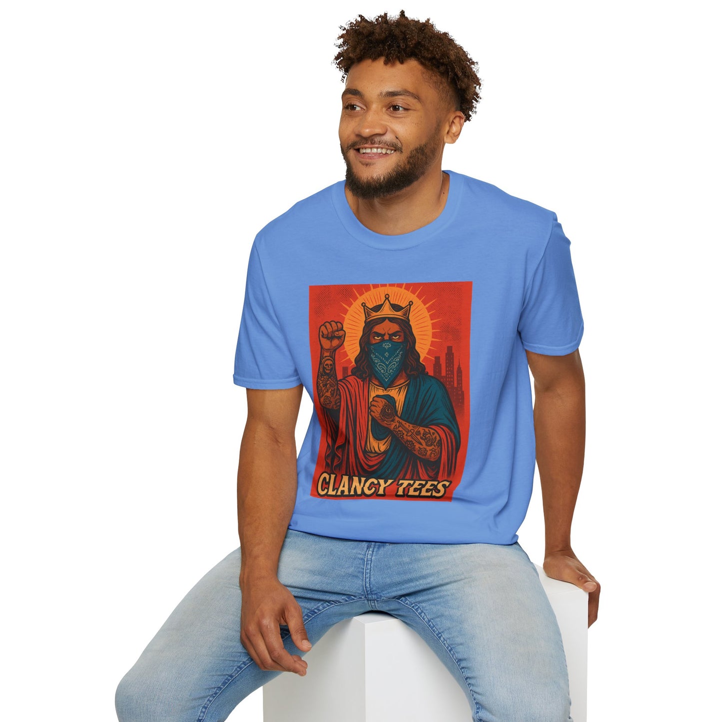 Tattooed Jesus Street Art Shirt – Clancy Tees | Urban Messiah Graphic Tee | Bold Religious Satire Shirt | King of the Block Tee
