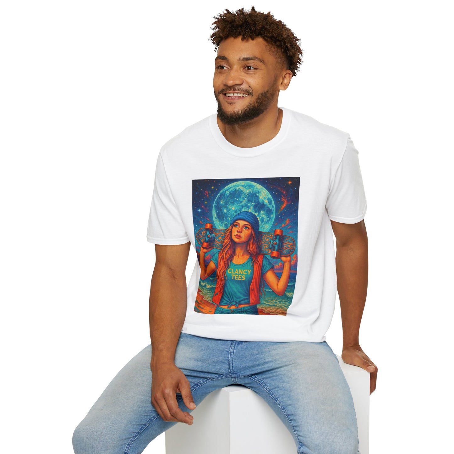 Bohemian Skater Girl Graphic Tee, Unisex T-Shirt with Moon & Nature Design, Perfect for Festivals, Gift for Nature Lovers, Summer Vibes, Casual Wear