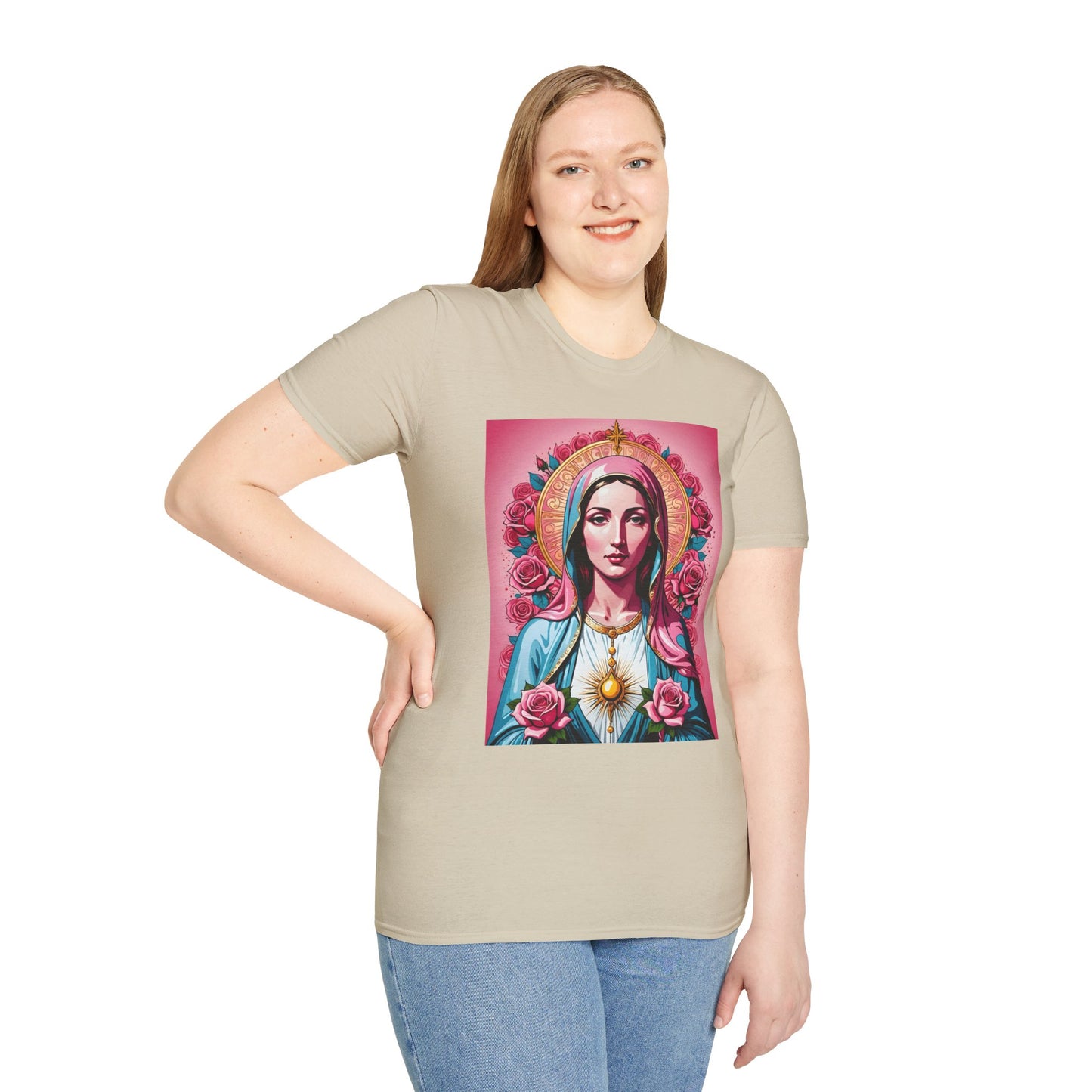 Unisex Softstyle T-Shirt with Sacred Heart Design, Spiritual Apparel, Artistic Gift for Many Occasions, Vintage Aesthetic, Festive Wear