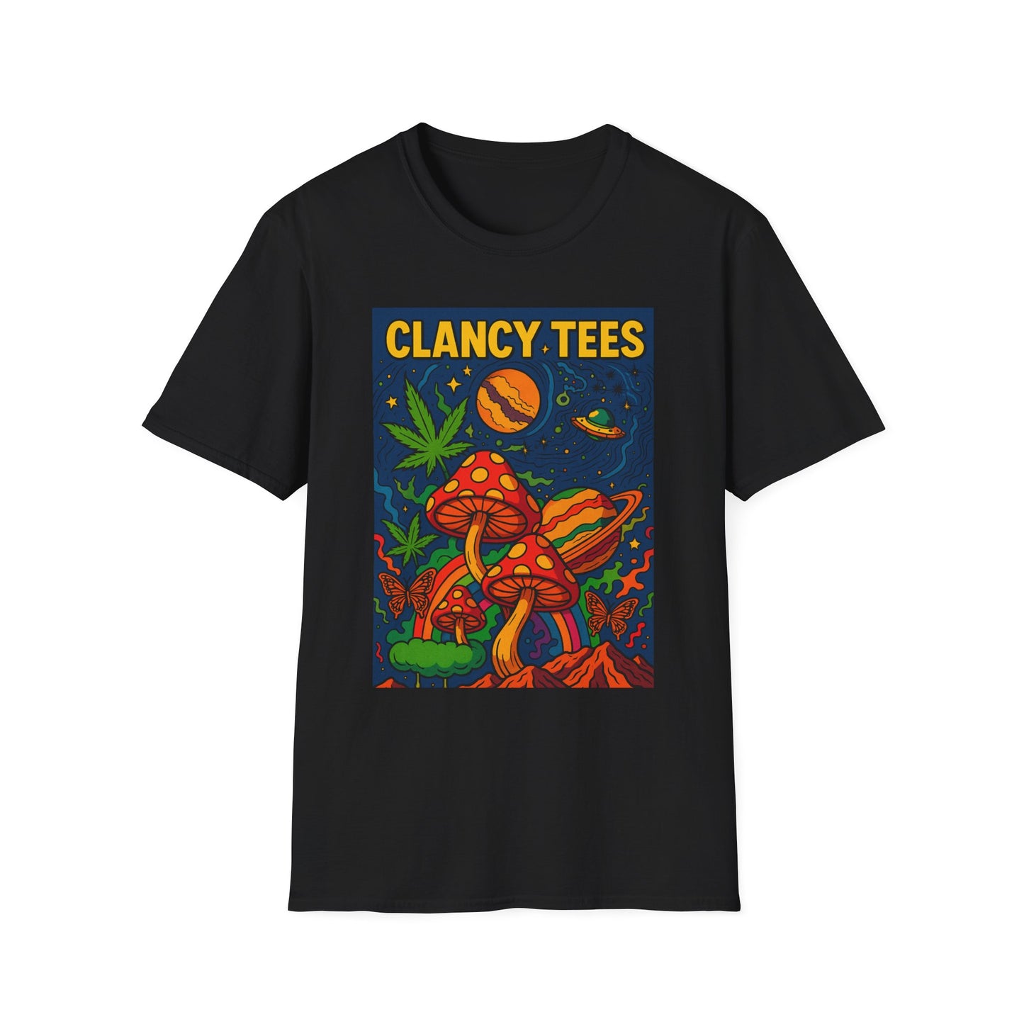 Trippy Mushroom Graphic T Shirt Psychedelic Space Art Tee Cosmic Fungi Illustration Unisex Softstyle Gift for Stoner Friends Gift for Psychedelic Fans