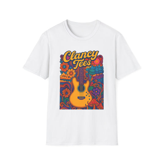 Retro Guitar Graphic T-Shirt for Music Lovers, Vintage Style Tee, Unisex Design, Ideal for Festivals and Gifts, Clancy Tees